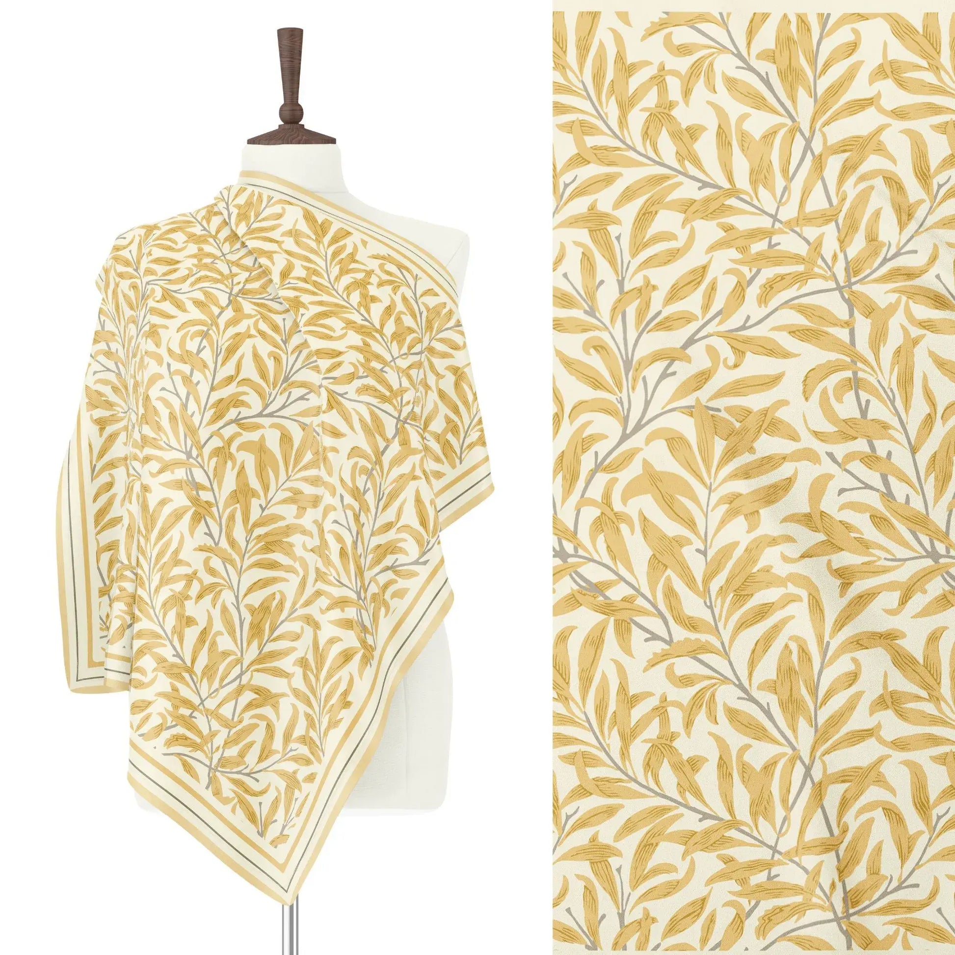 William Morris Yellow Floral Silk Scarf in mannequin, vintage style