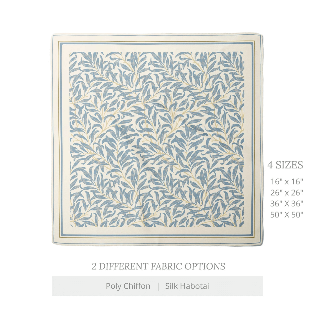 William Morris Silk Scarf Blue Willow Boughs design with botanical patterns in blue on a cream background.