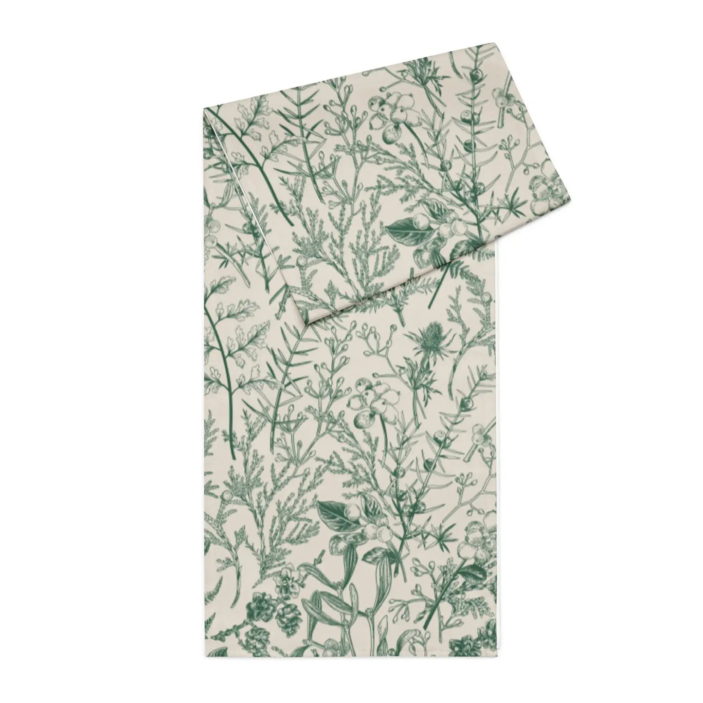 Botanical Christmas table runner featuring soft green winter greenery and seasonal florals for holiday decor.