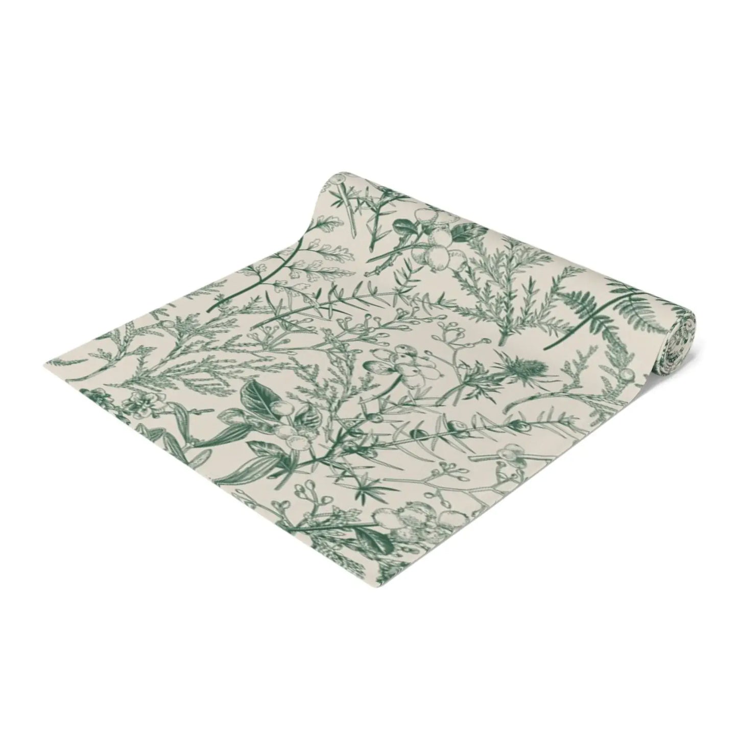 Botanical Christmas table runner with winter greenery and florals, perfect for seasonal holiday decor.