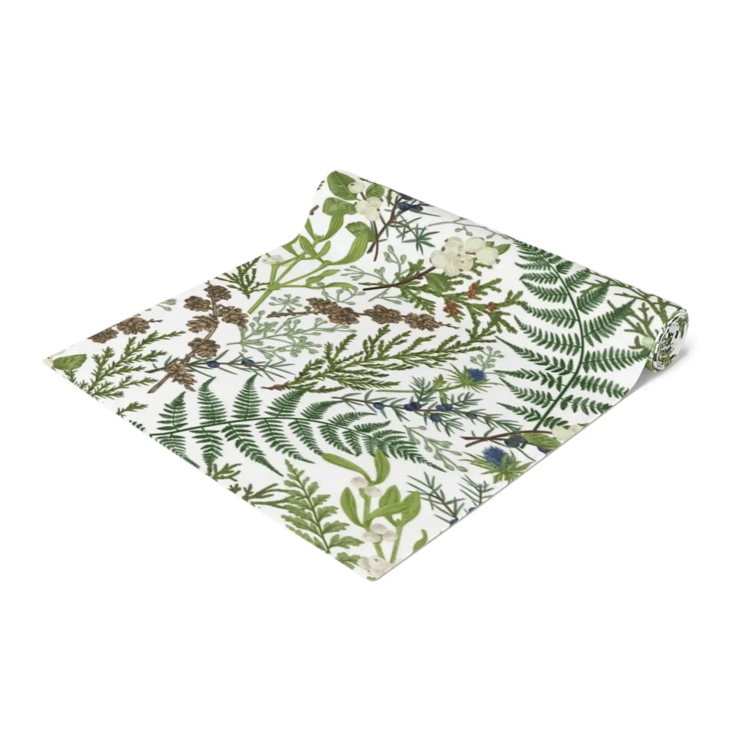 Botanical Christmas table runner featuring winter greenery and delicate florals for holiday table decor.