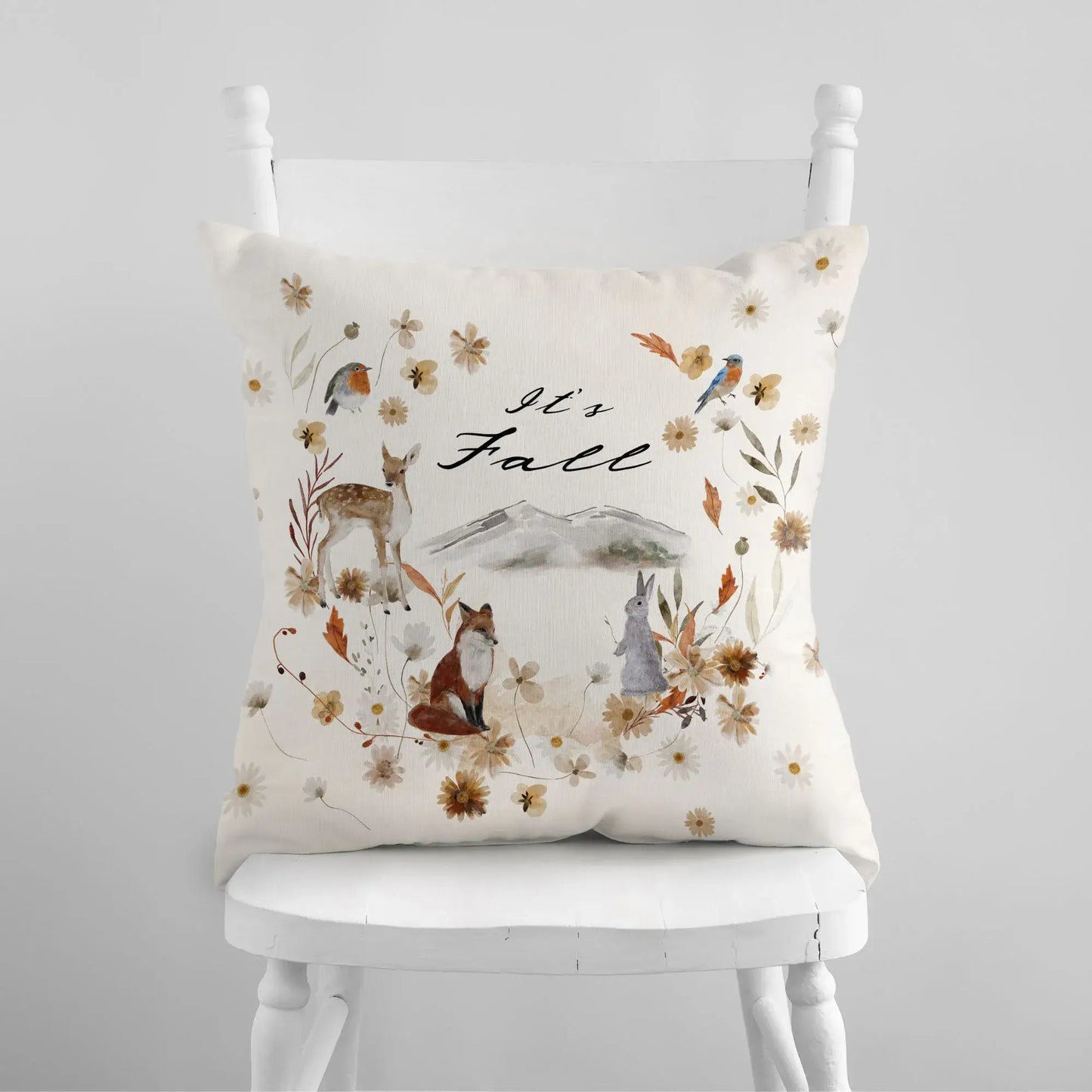 Woodland Fall Pillow Cover - with word "It's Fall" on the artwork 