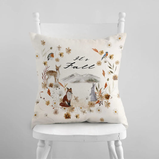 Woodland Fall Pillow Cover - with word "It's Fall" on the artwork 