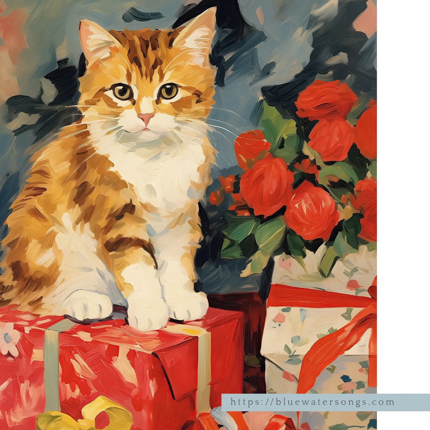 A Meowy Christmas painting – cat holiday digital art printable close-up