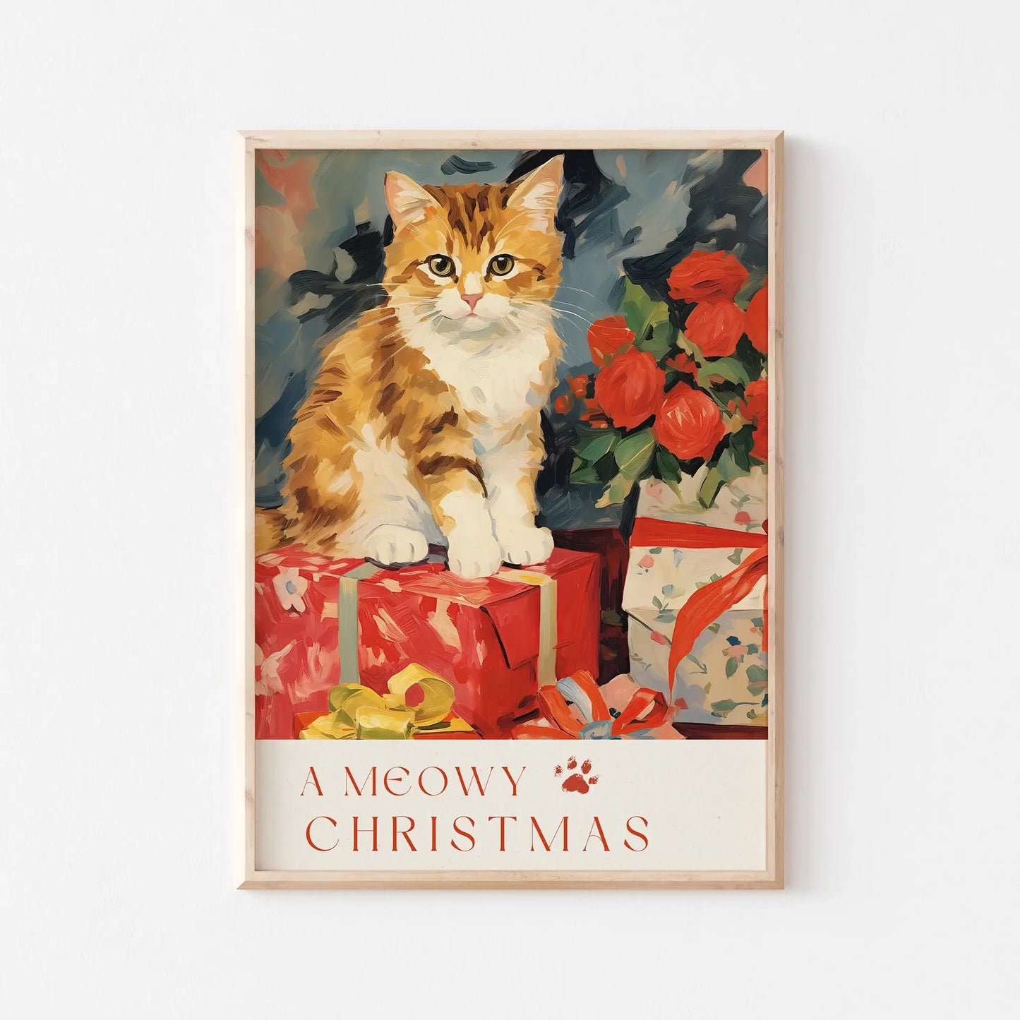 A Meowy Christmas digital wall art – cat on gift boxes holiday illustration