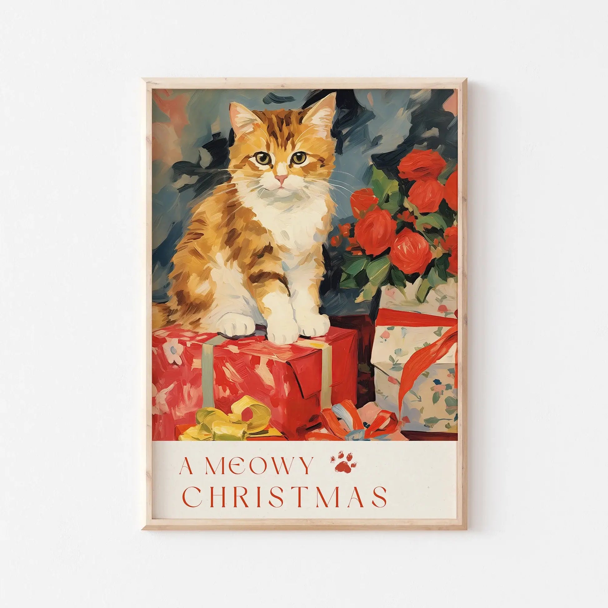 A Meowy Christmas digital wall art – cat on gift boxes holiday illustration