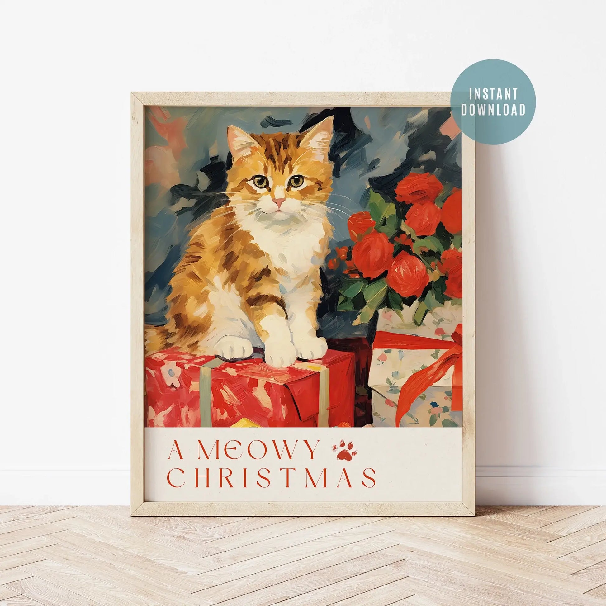A Meowy Christmas cat print – festive holiday wall art digital download