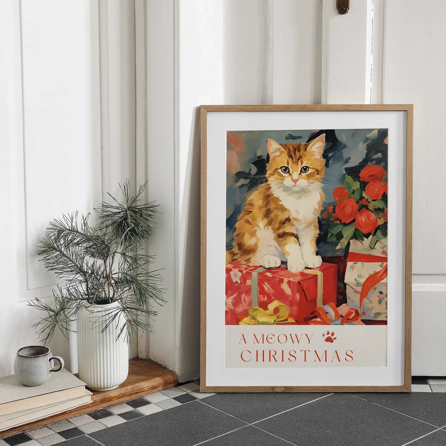 A Meowy Christmas cat print framed – holiday digital wall art for festive home decor