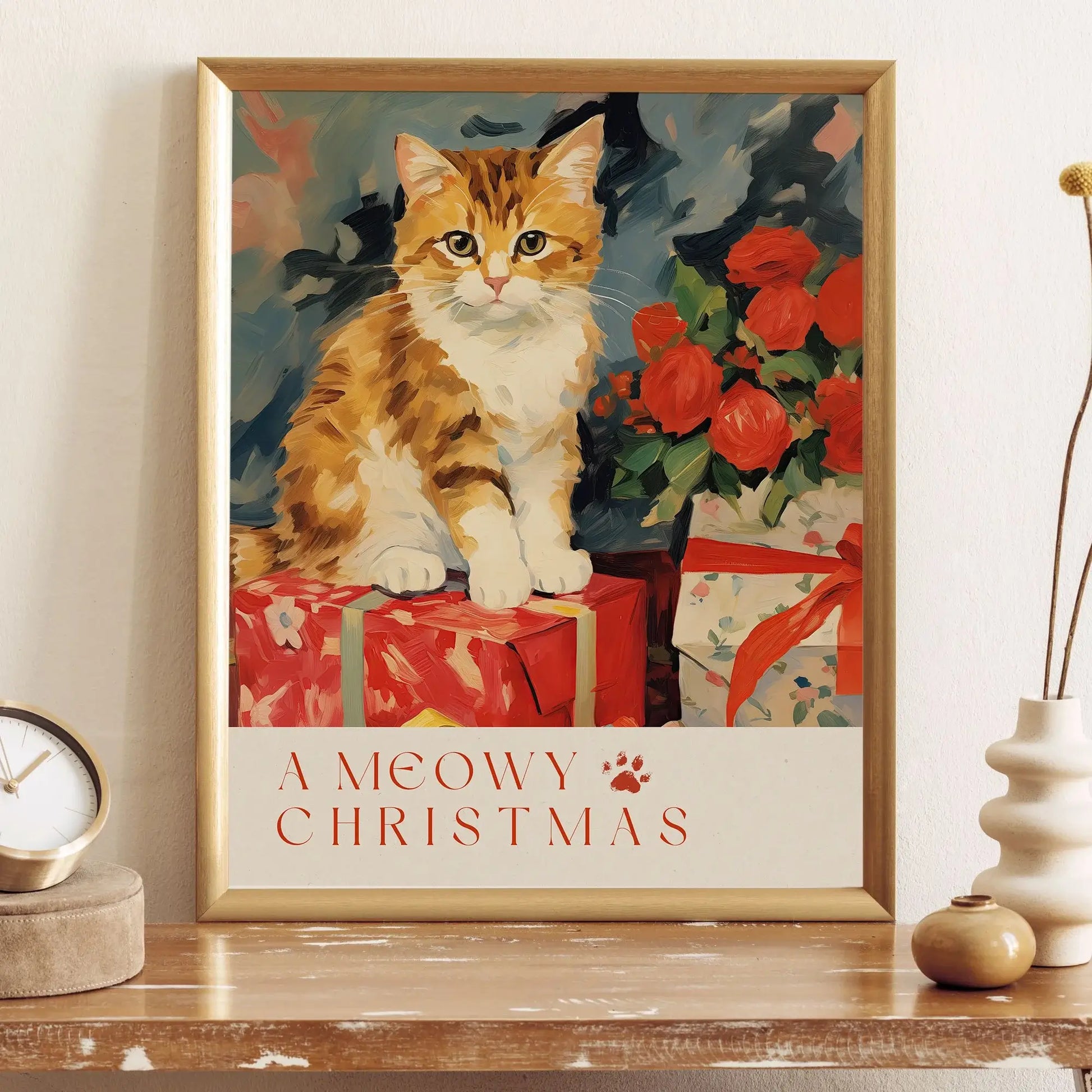 Christmas kitten print – cat holiday digital artwork with gifts and flowers