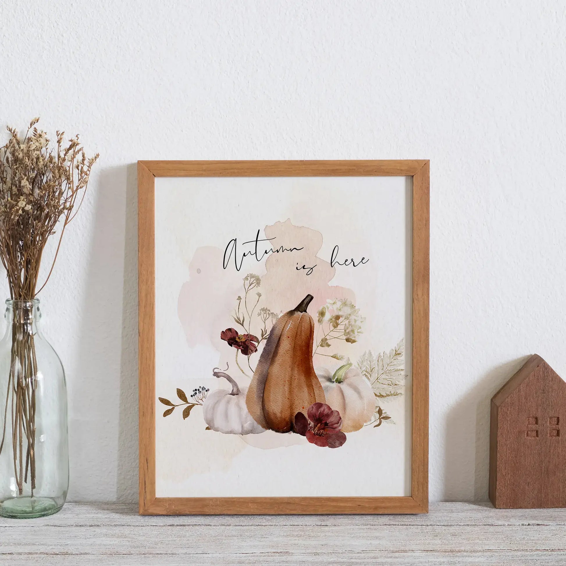 Autumn is here Art print - DIGITAL DOWNLOAD - FALL23POT05 featuring warm tones and pumpkins in a cozy decor setting.