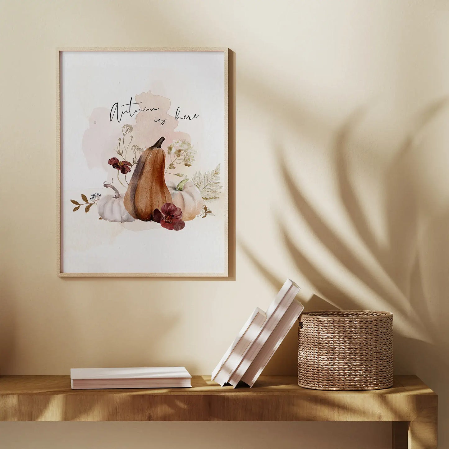 Autumn is here Art print - DIGITAL DOWNLOAD - FALL23POT05 displayed on a wall with natural decor and warm tones.