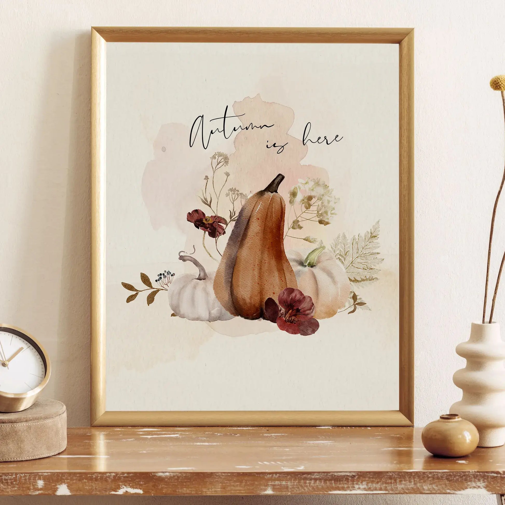Autumn is here Art print - DIGITAL DOWNLOAD - FALL23POT05 framed with pumpkins and natural elements.