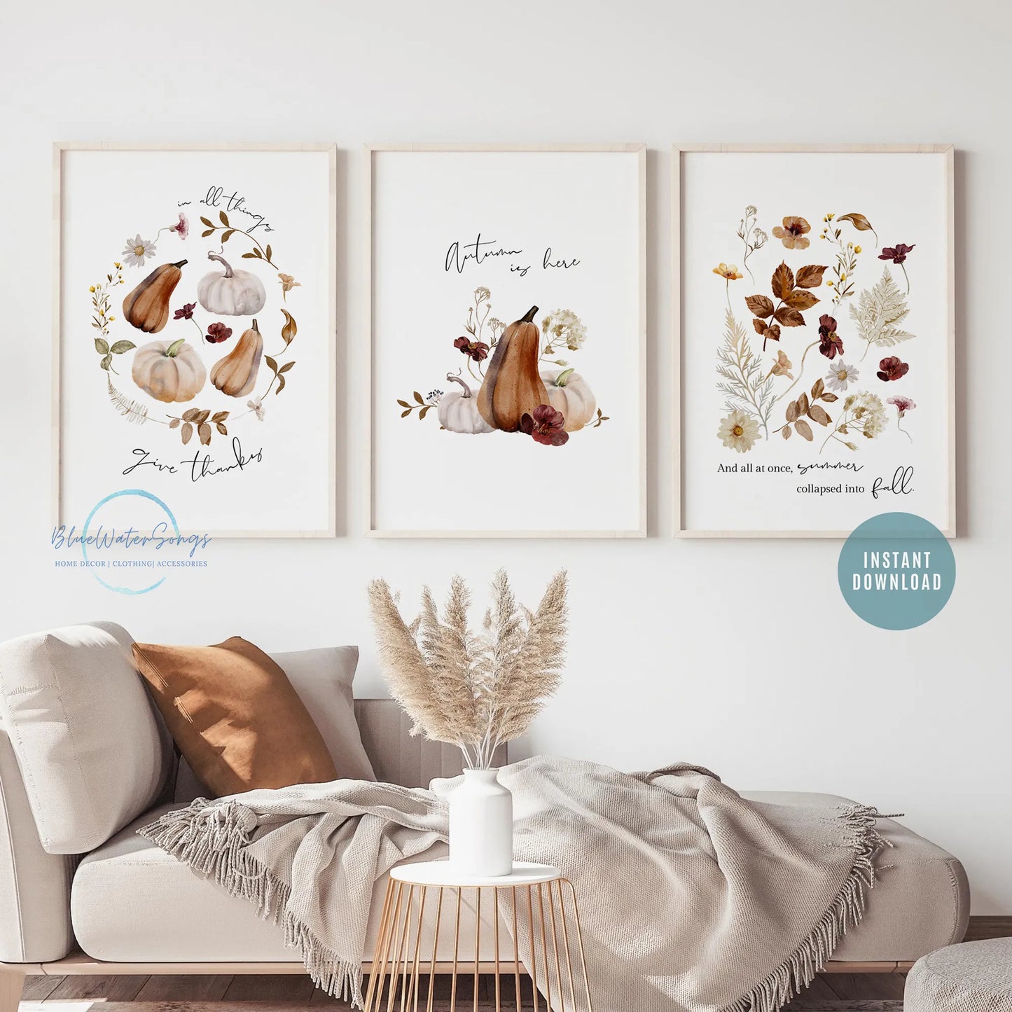 Autumn is Here Set of 3 Art Prints – fall digital download wall art posters, seasonal home decor displayed above sofa
