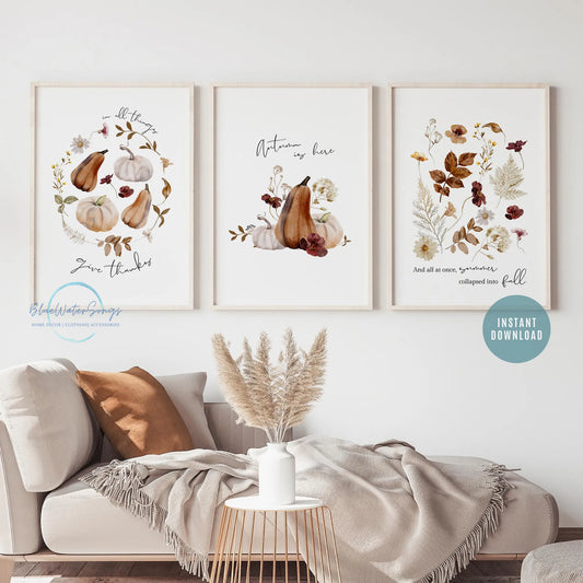 Autumn is Here Set of 3 Art Prints – fall digital download wall art posters, seasonal home decor displayed above sofa