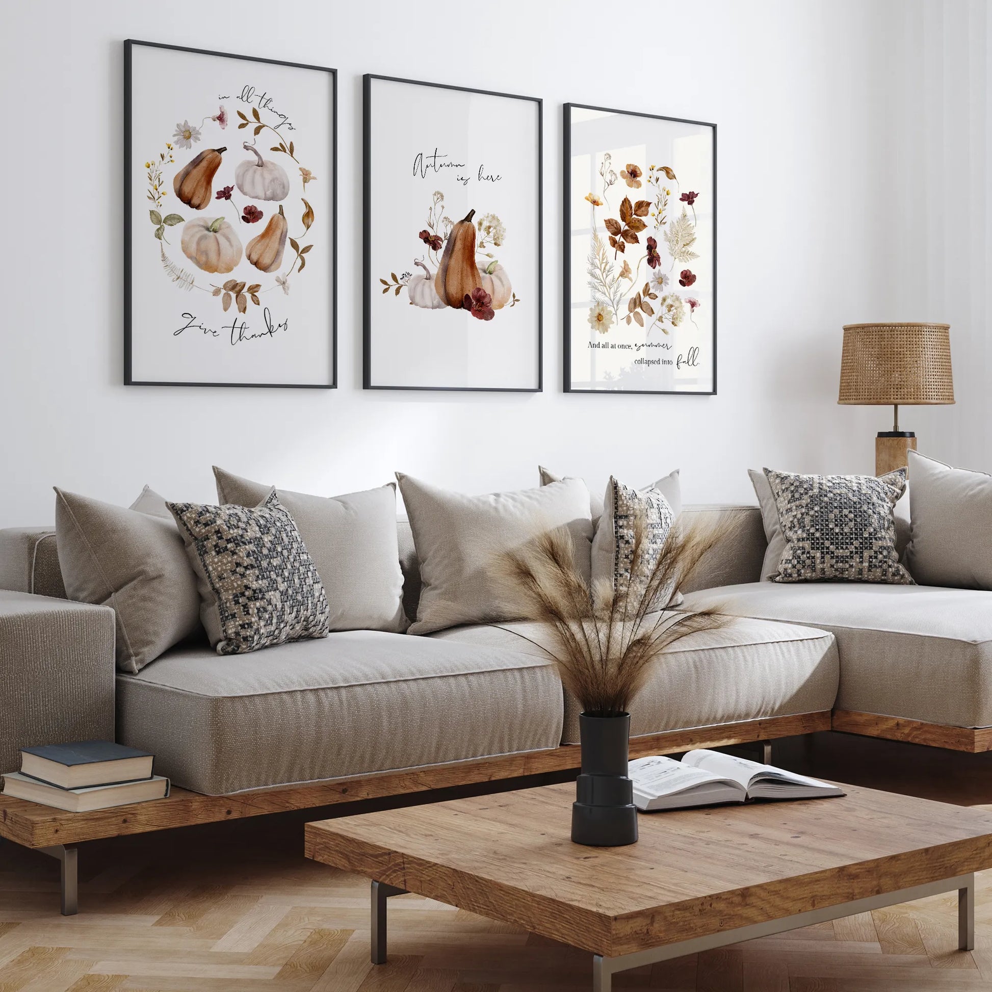 Autumn is Here Set of 3 Art Prints framed above sofa, fall digital download wall decor posters for cozy seasonal living room style
