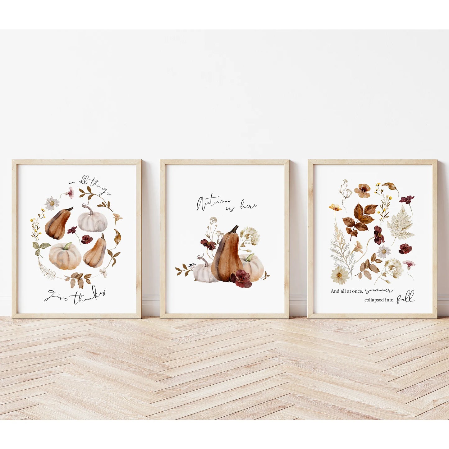 Autumn is Here Set of 3 Art Prints displayed on floor, fall poster digital download wall art for seasonal home decor
