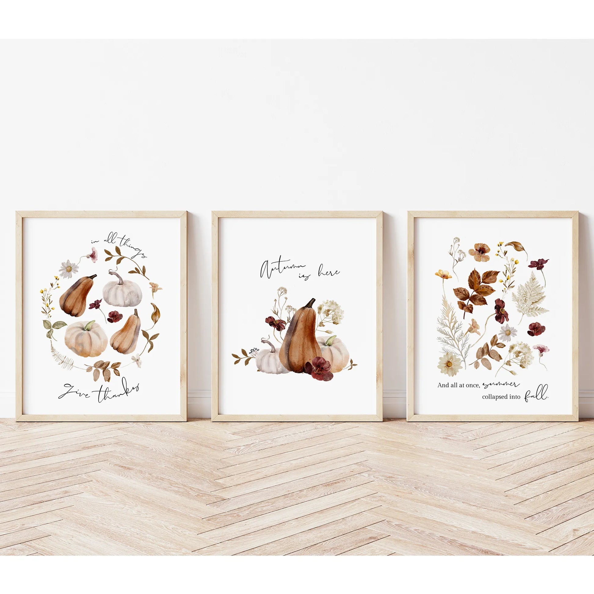 Autumn is Here Set of 3 Art Prints displayed on floor, fall poster digital download wall art for seasonal home decor