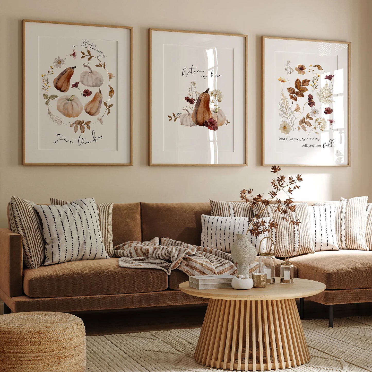 Autumn is Here Set of 3 Art Prints displayed in living room, fall wall art digital download posters for cozy seasonal home decor