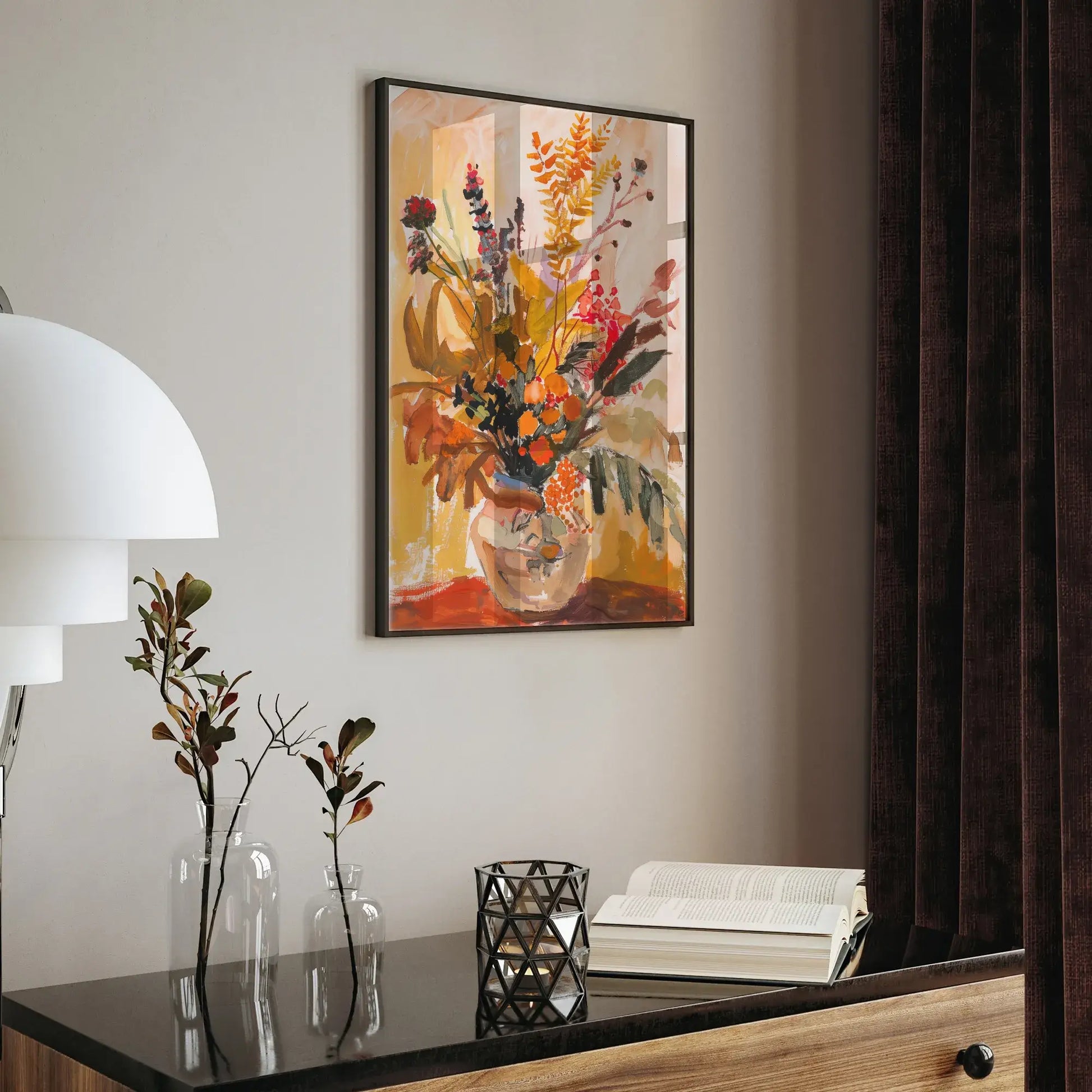 Framed Autumn Wall Art featuring vase of florals, adding elegant autumn charm to a quiet reading corner