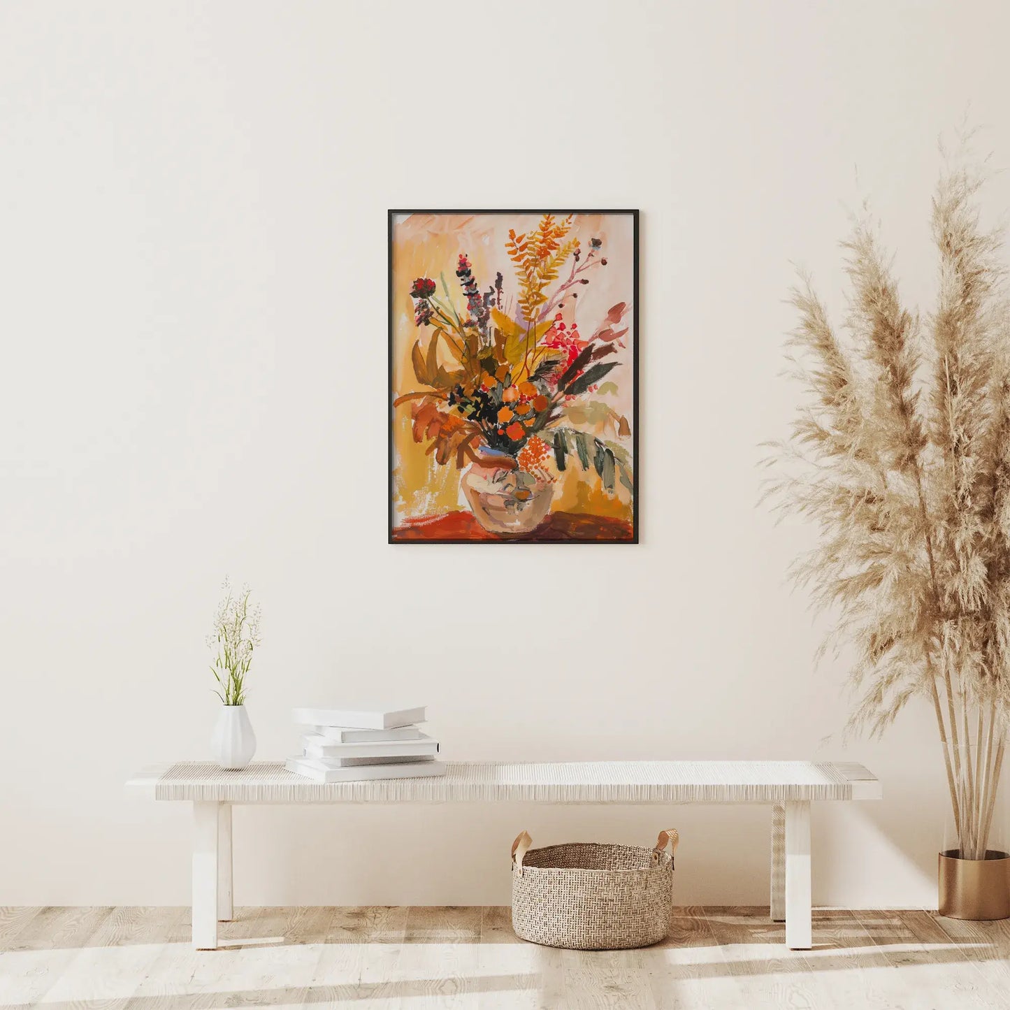 Autumn Wall Art vase poster styled in modern living room with neutral decor