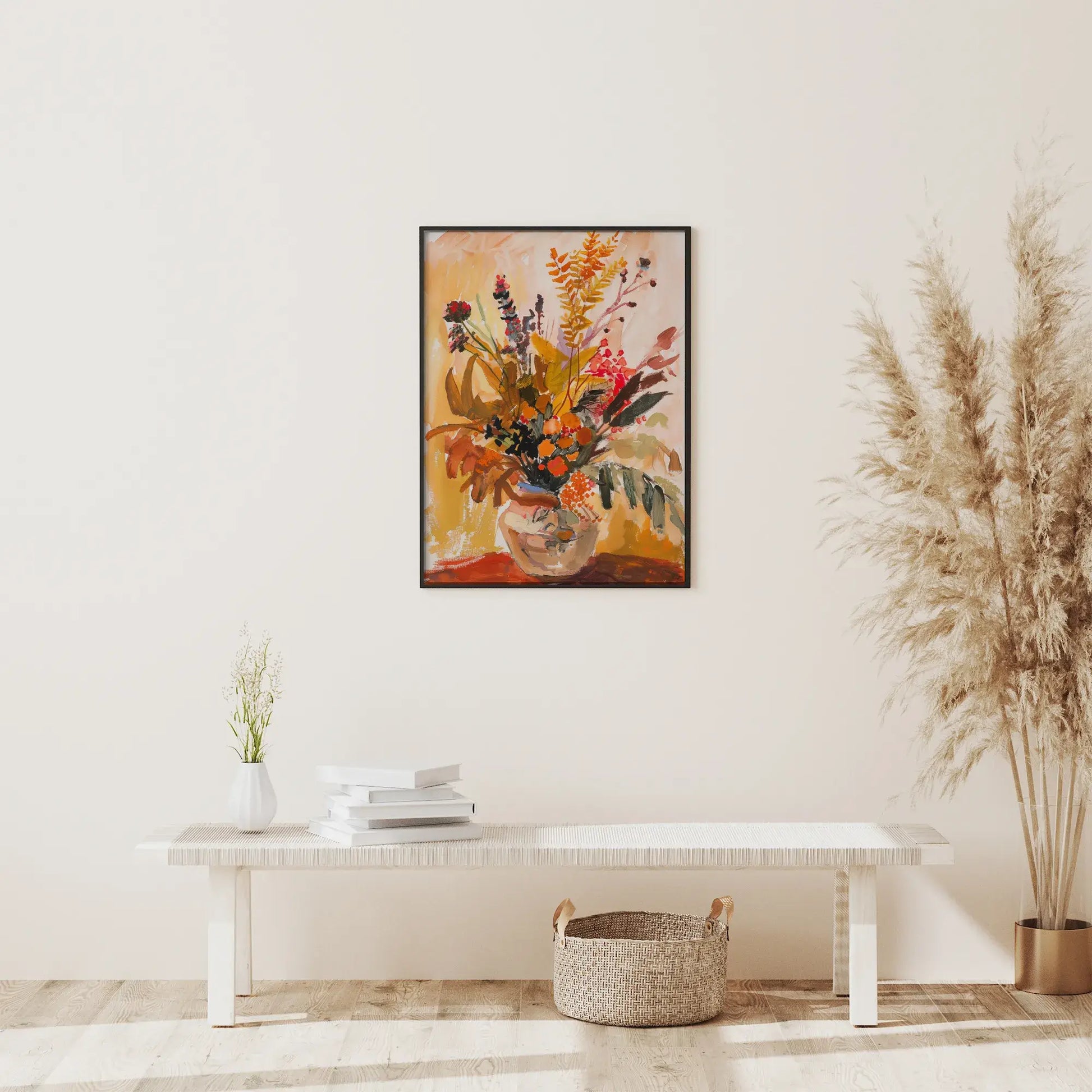 Autumn Wall Art vase poster styled in modern living room with neutral decor