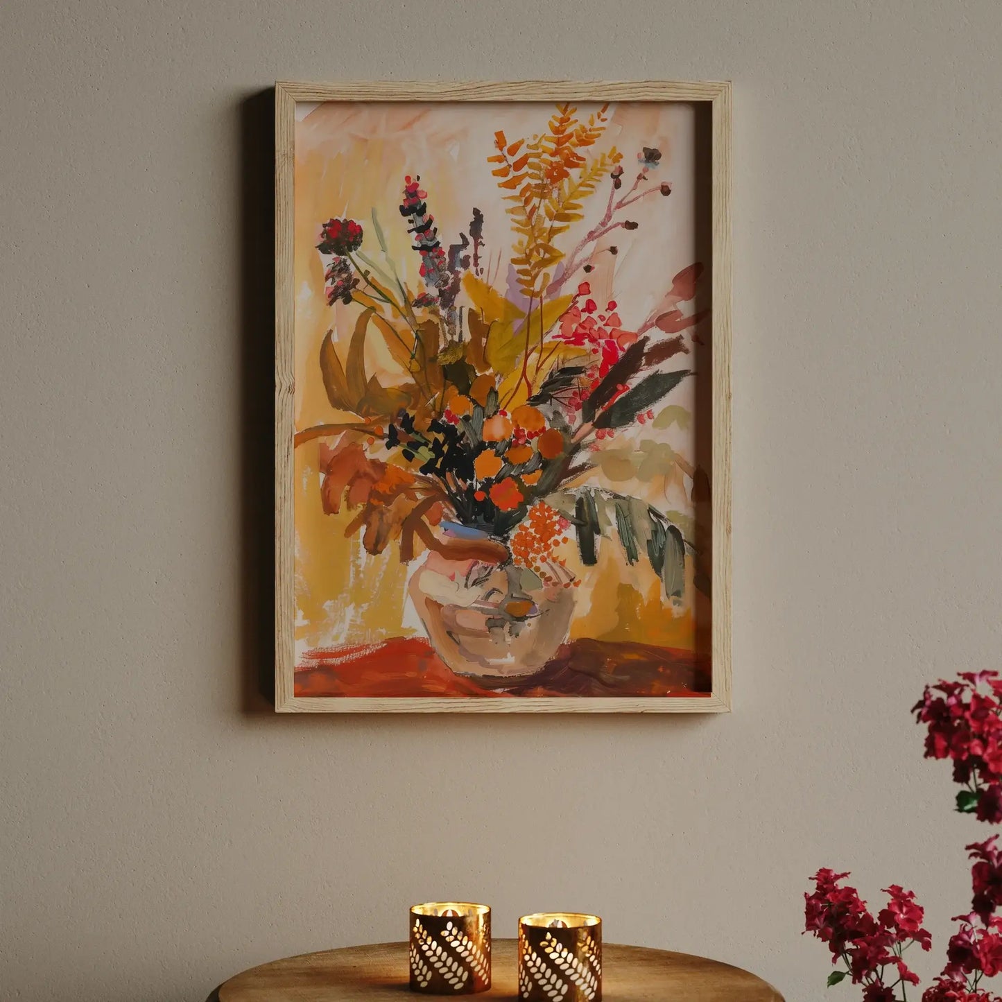 Autumn Wall Art with vase of fall florals, perfect for romantic seasonal home styling with soft light