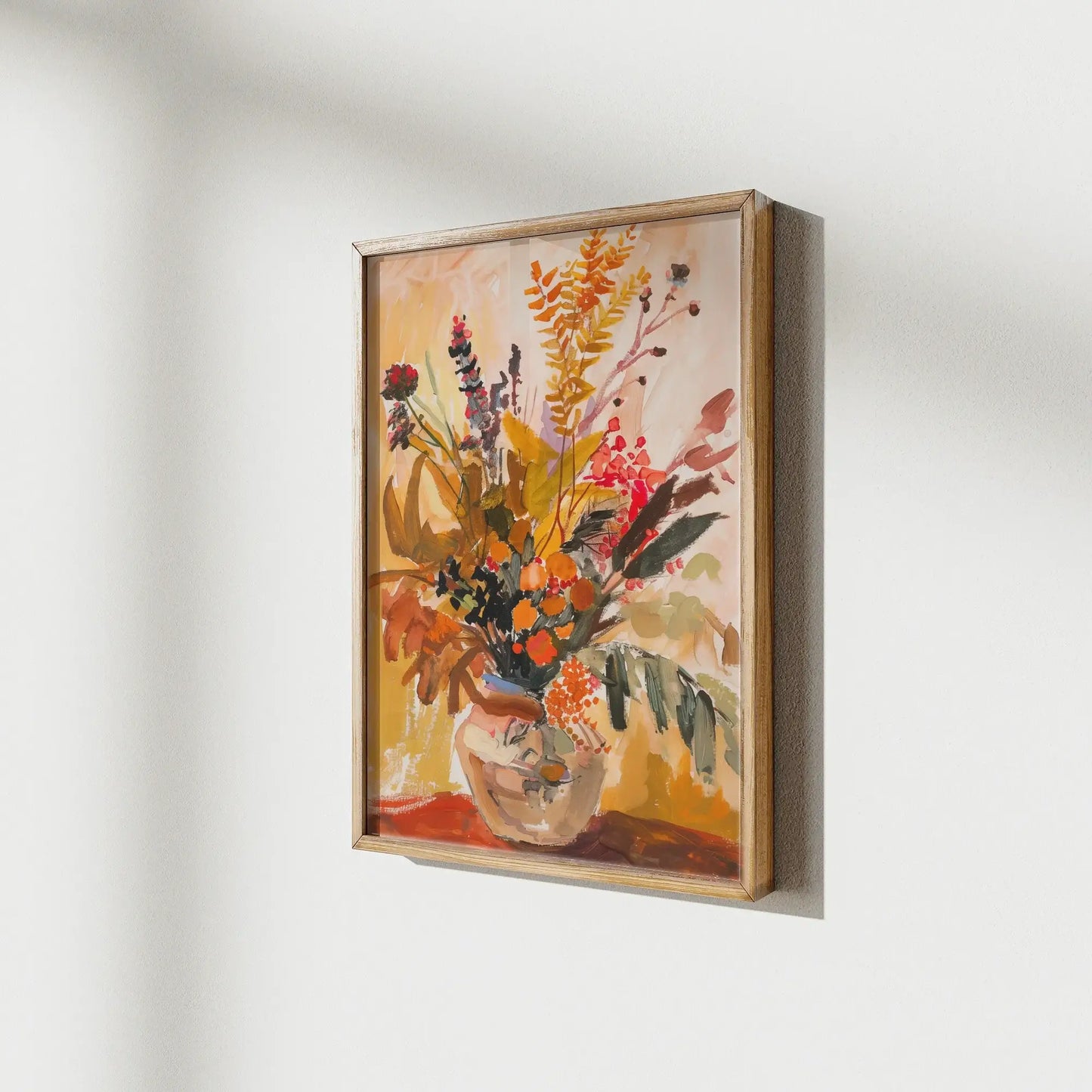 Botanical autumn art print in wood frame, autumn wall art bringing cozy seasonal charm with light and warmth