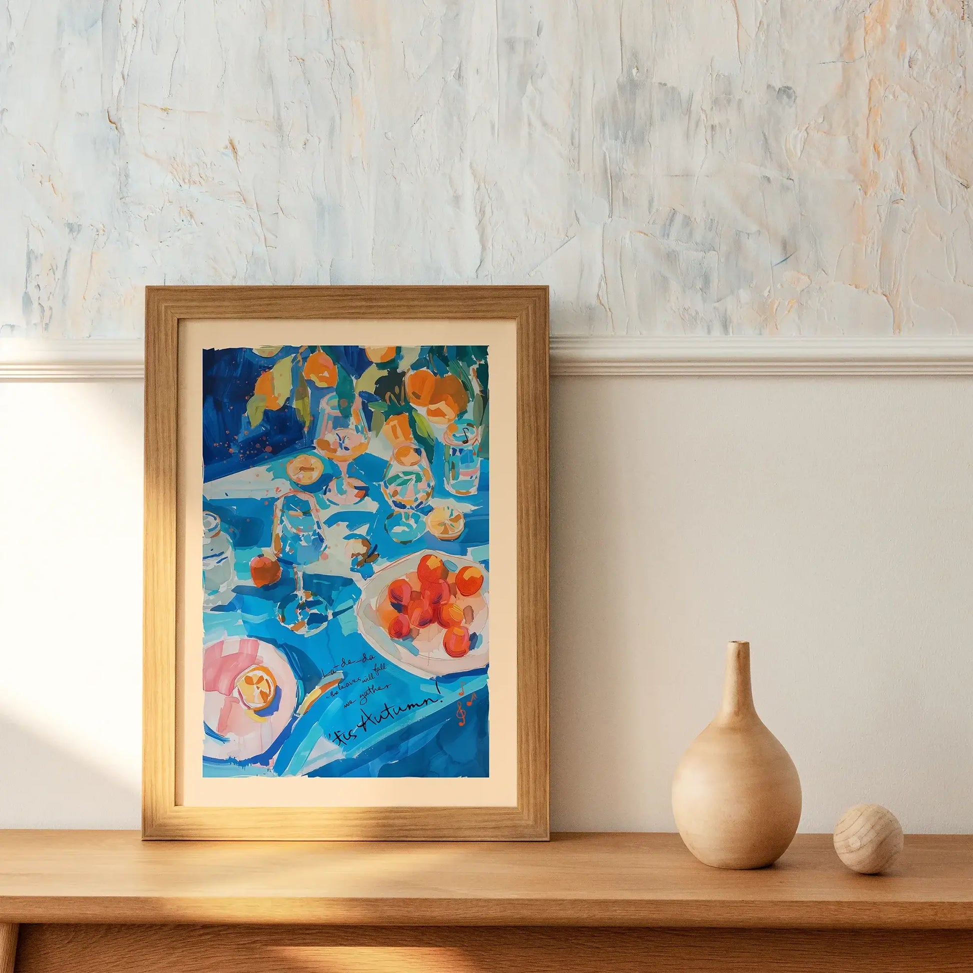 Vibrant Autumn Wall Art – cozy seasonal fruit painting displayed in rustic home setting