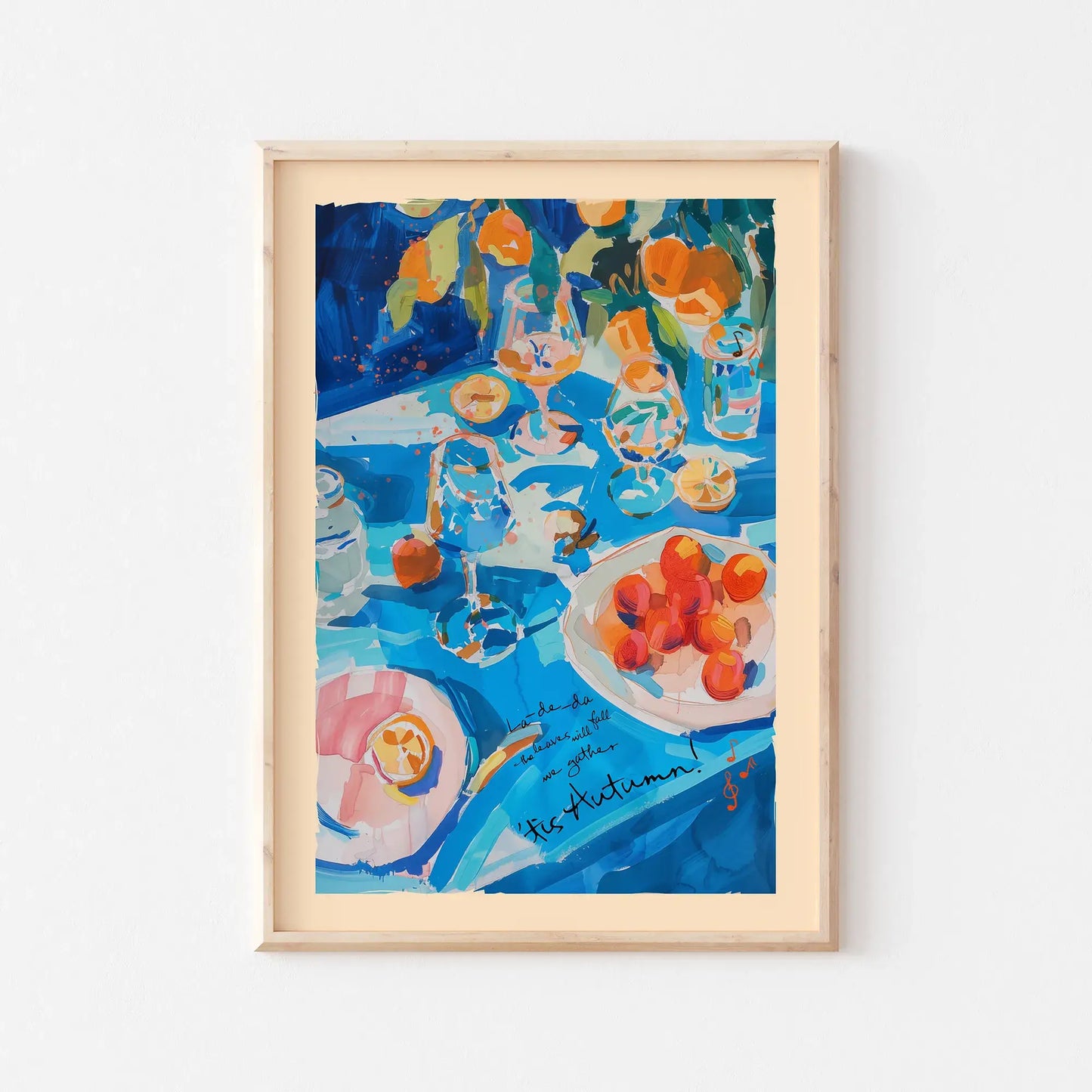 Vibrant Autumn Wall Art – colorful orange and blue fruit physical artwork