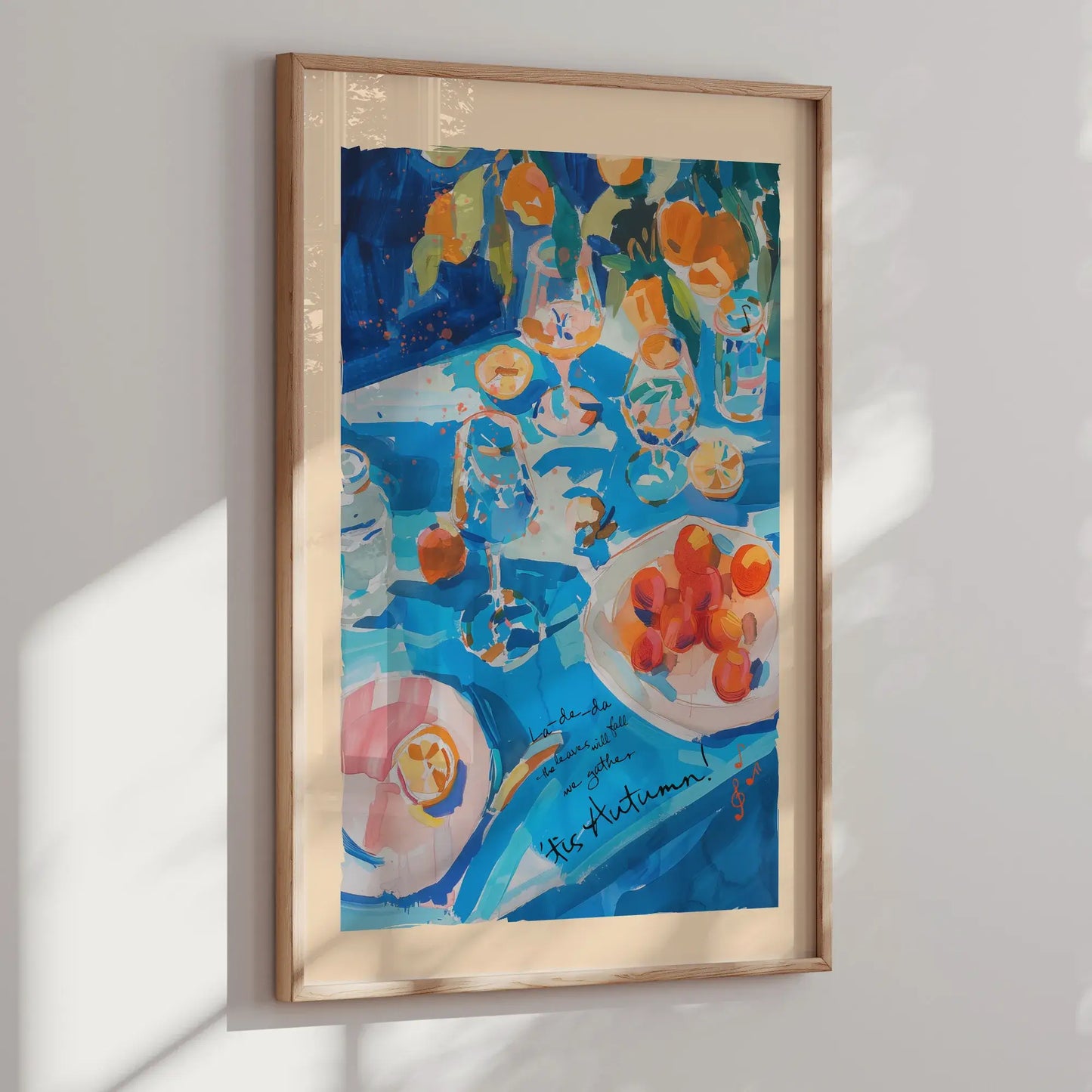 Vibrant Autumn Wall Art – seasonal fruit artwork styled on a warm wooden shelf