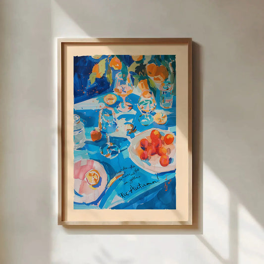 Vibrant Autumn Wall Art – framed blue and orange fruit painting