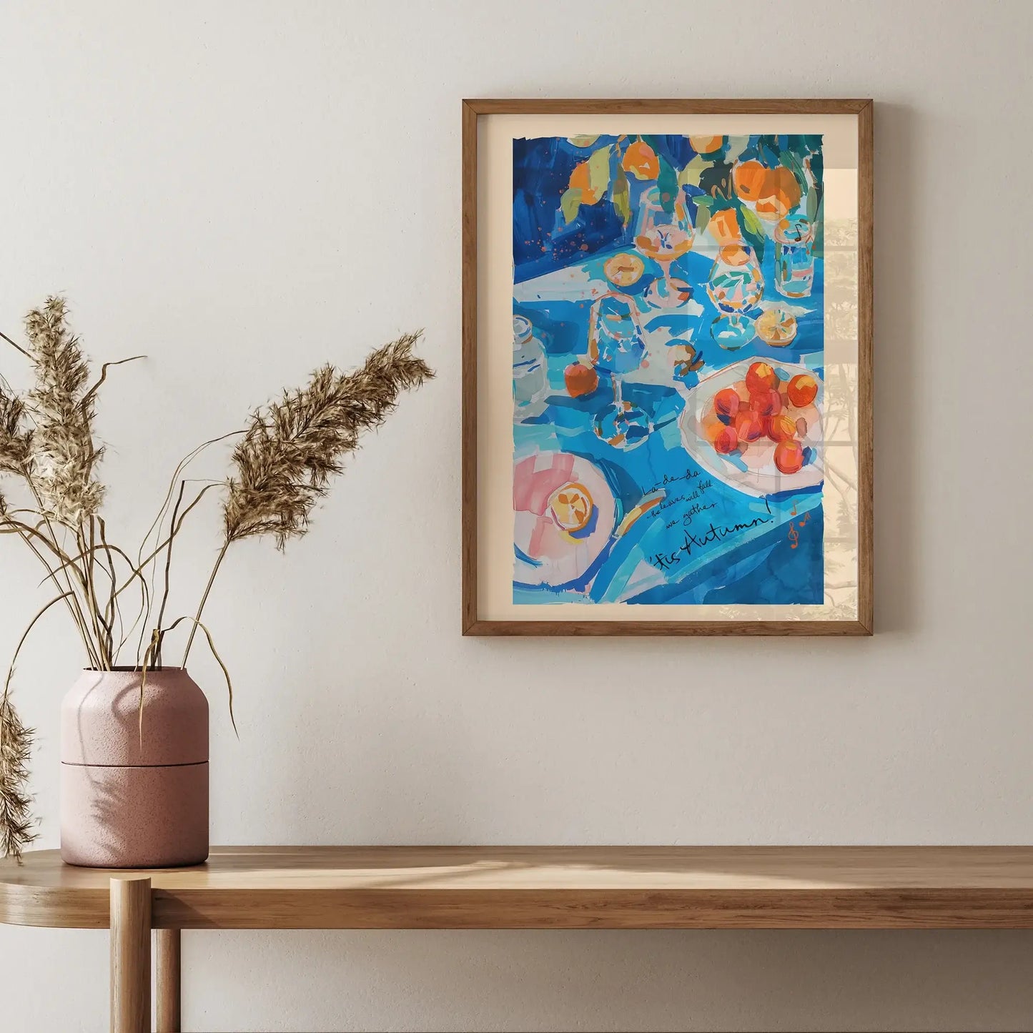 Vibrant Autumn Wall Art – cozy seasonal fruit painting displayed in modern farmhouse setting