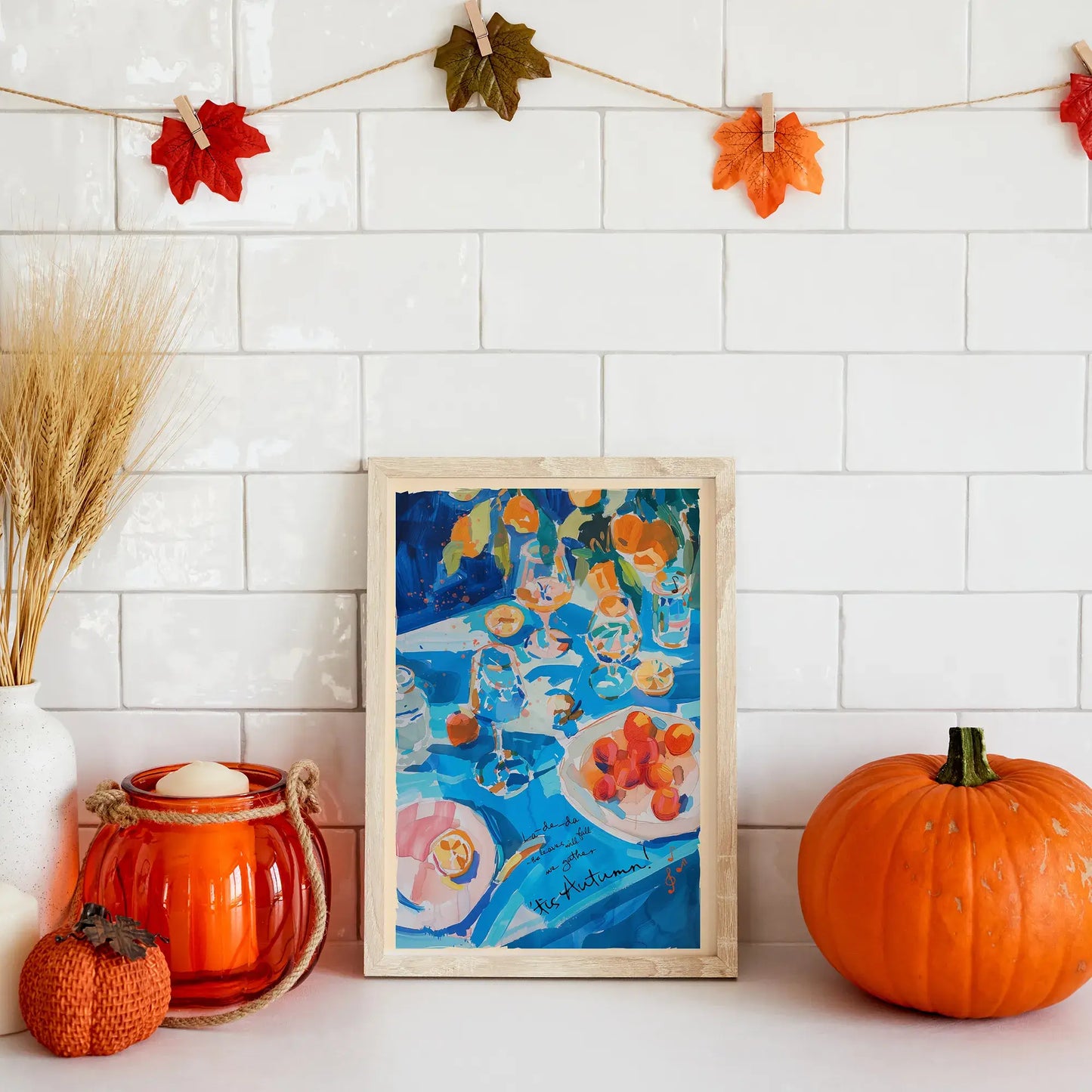 Vibrant Autumn Wall Art – festive autumn mantel decor with pumpkins and framed print