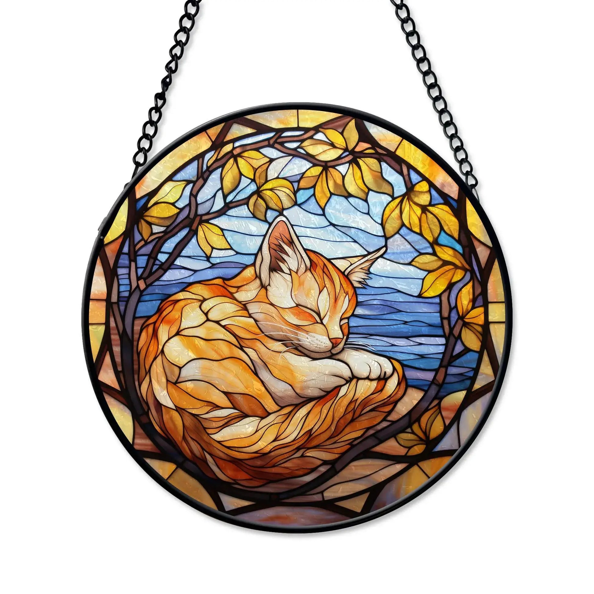 beautiful gift for cat lovers - Sleeping Cat Round-Stained Glass Ornament by Blue Water Songs