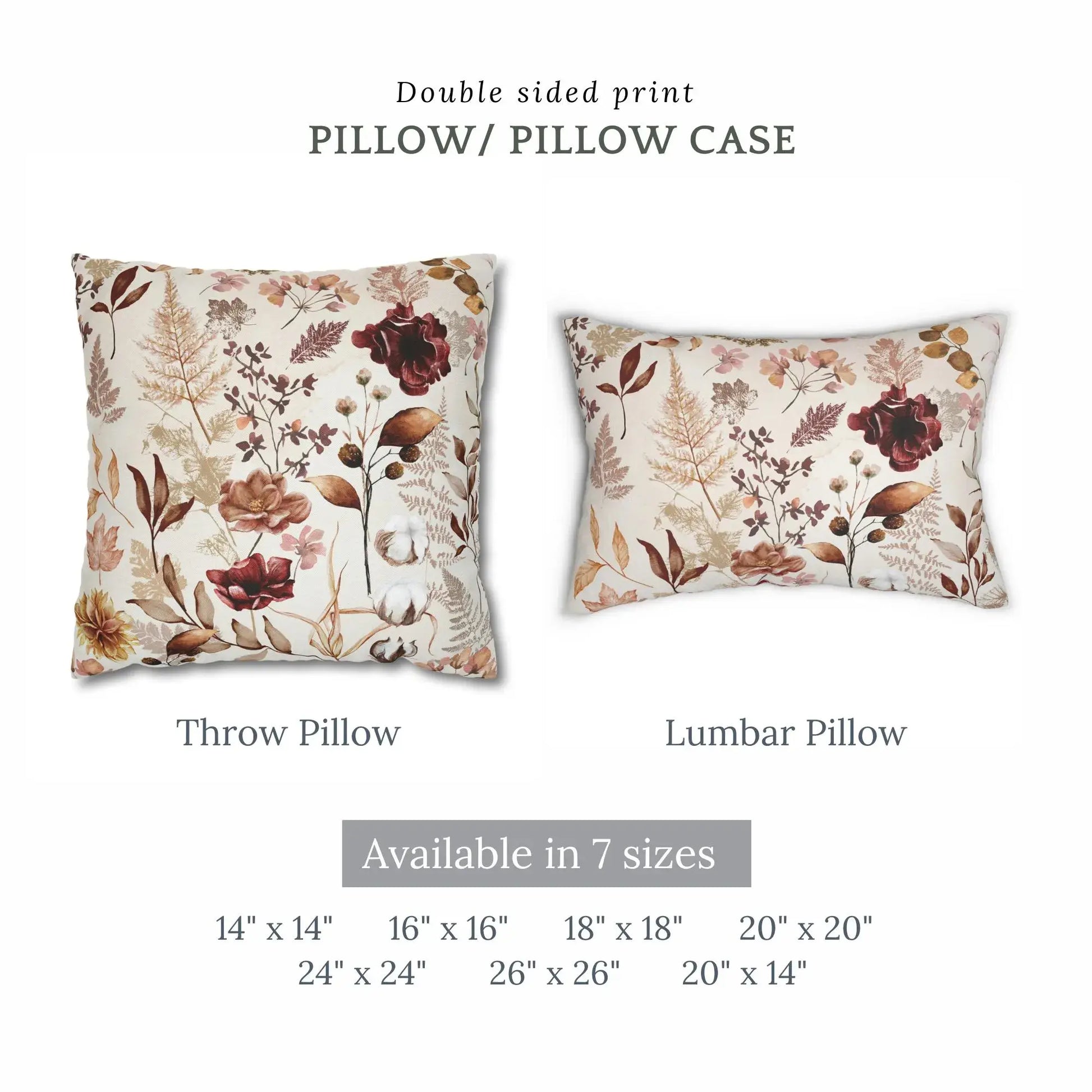 Wildflowers fall pillow cover showcasing throw and lumbar pillows with double-sided print, available in multiple sizes.