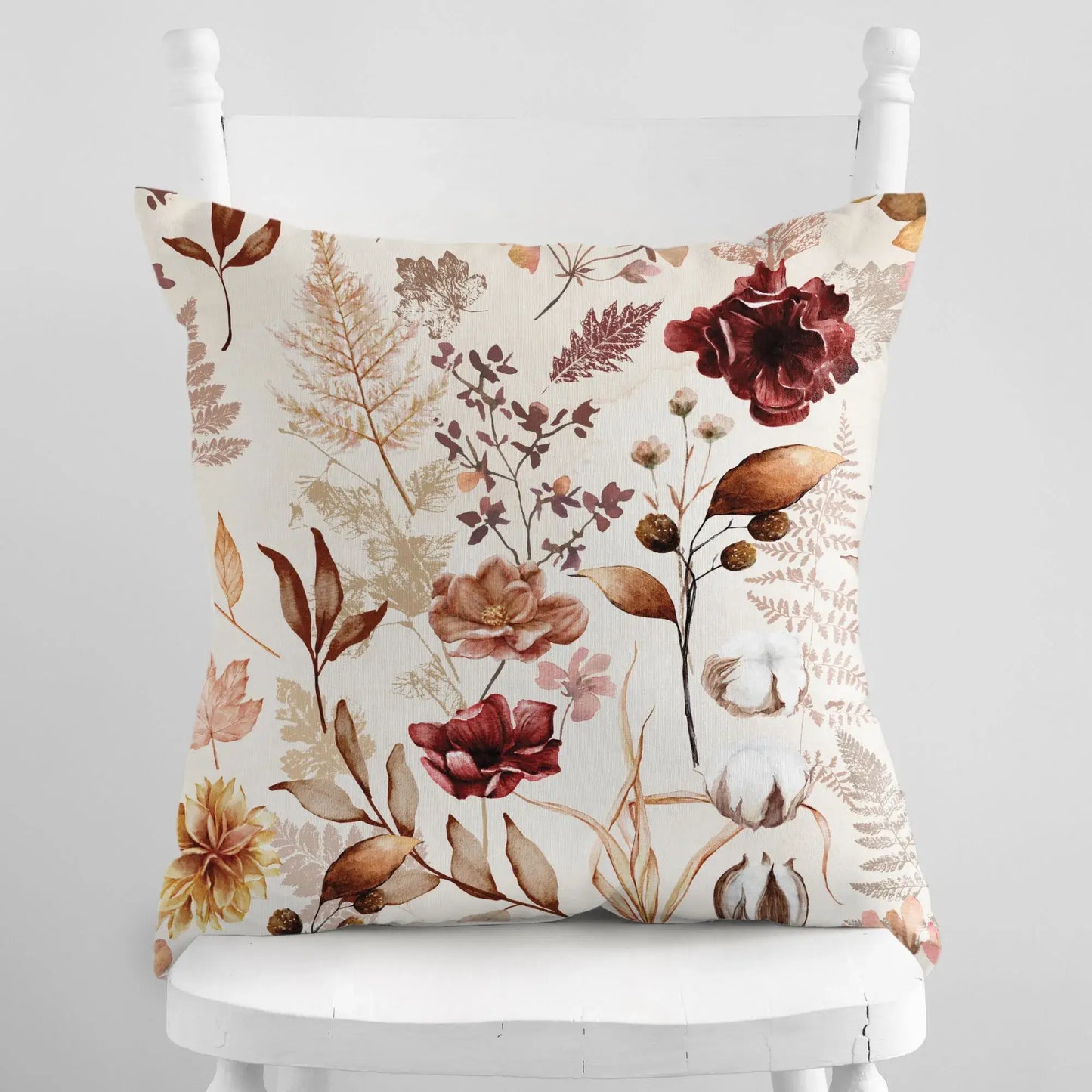 Wildflowers Fall Pillow Cover with dried florals and cotton stems in warm autumn colors.