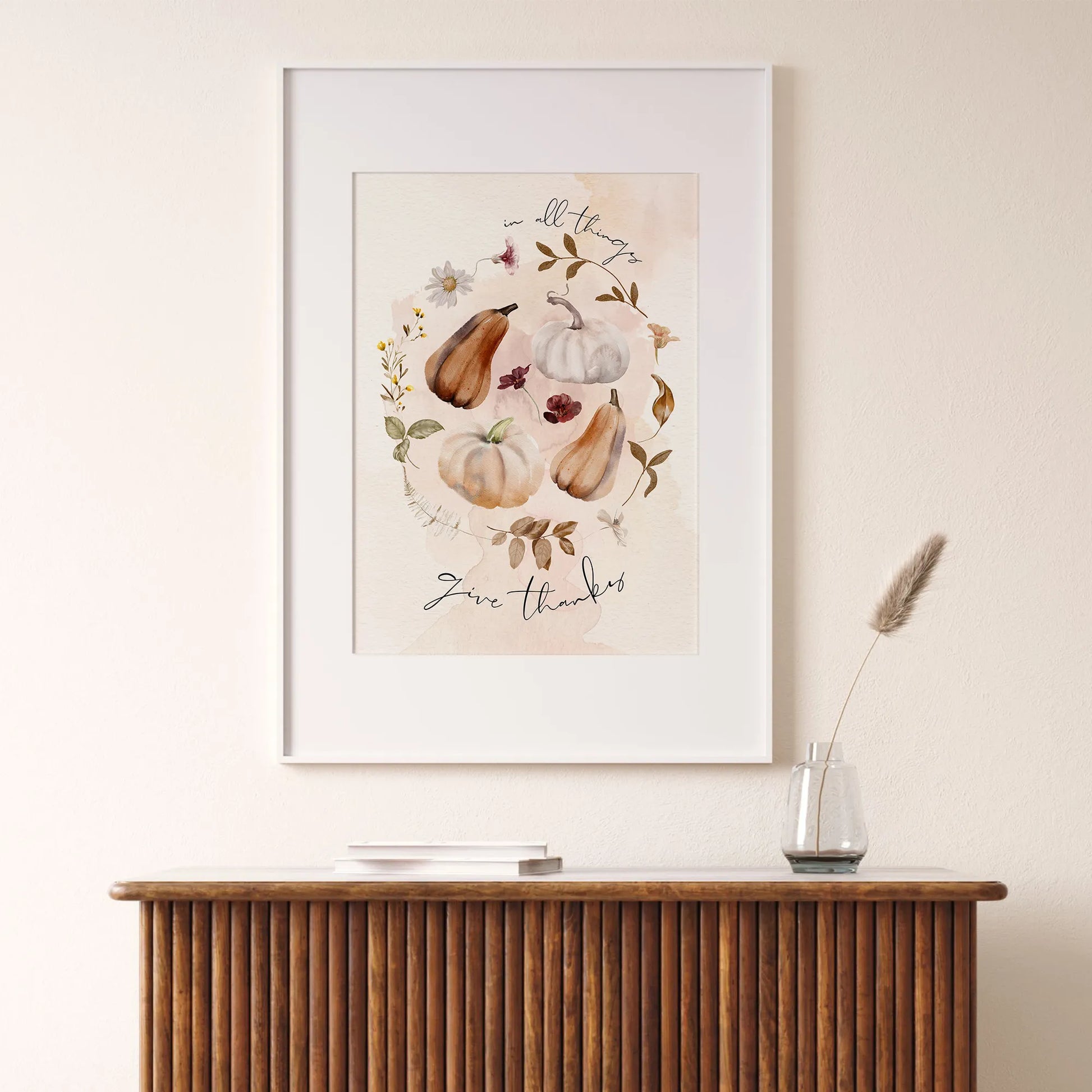 "give thanks in all things" thanksgiving quote print from Blue Water Songs hanging on wall 