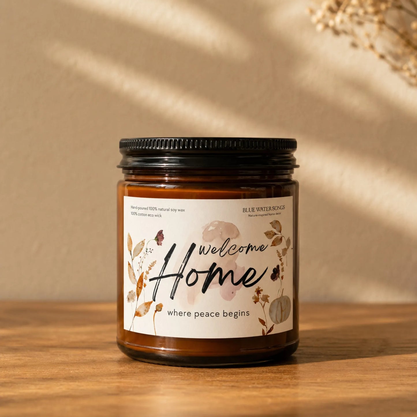 Welcome Home Soy Scented Candle, Soy Candle 4 oz 9 oz, Amber Jar with Black Lid