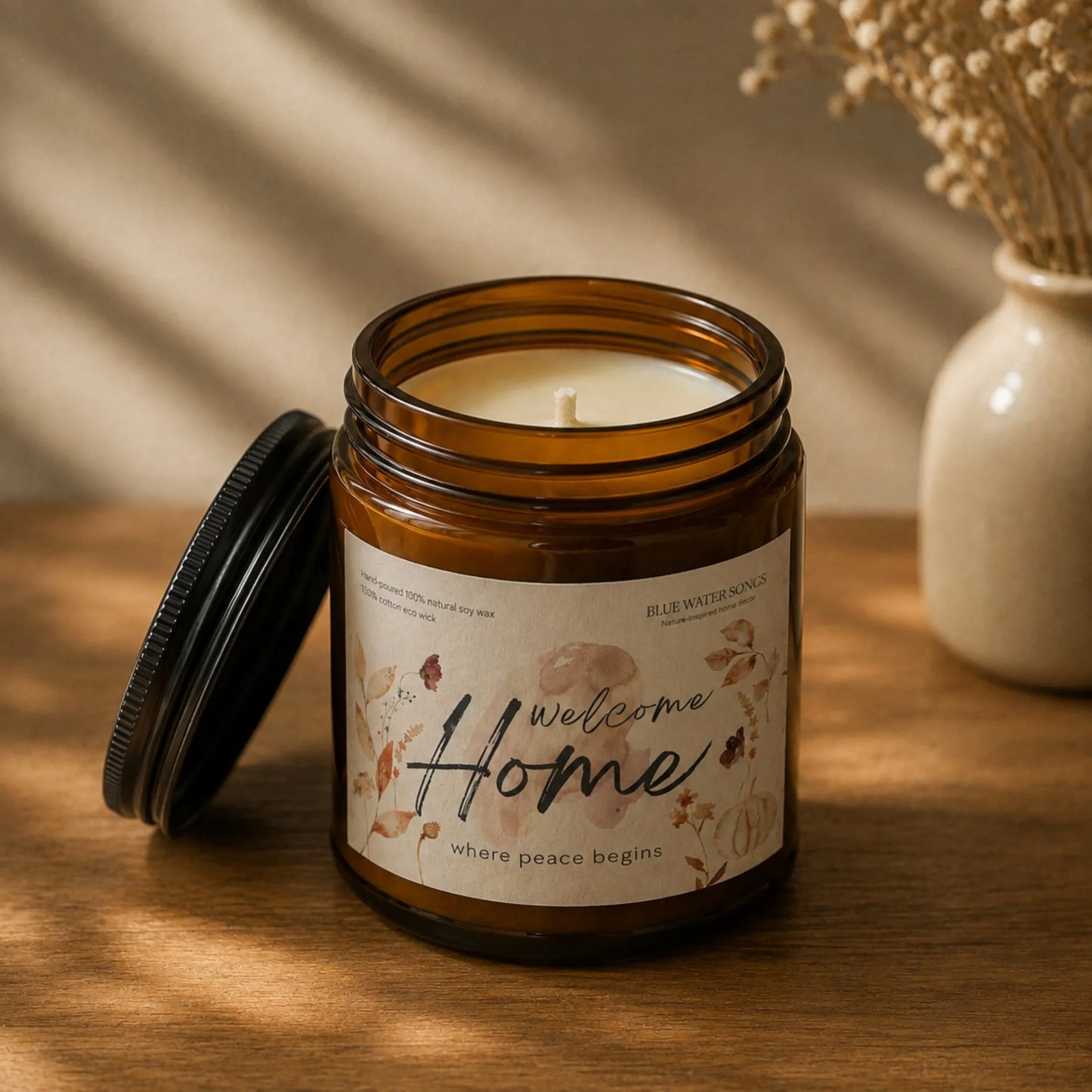Welcome Home Soy Scented Candle, Soy Candle 4 oz 9 oz, Amber Jar with Black Lid