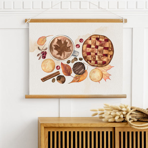 Autumn treat wall art from Blue Water Songs hanging above wood cabinet