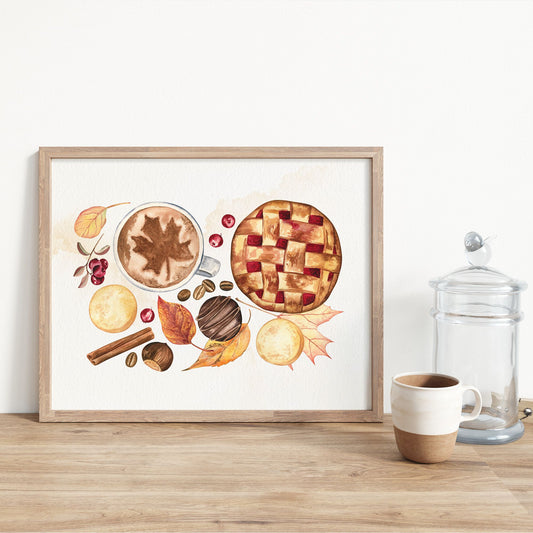 Autumn treat print art from Blue Water Songs next to coffee mug