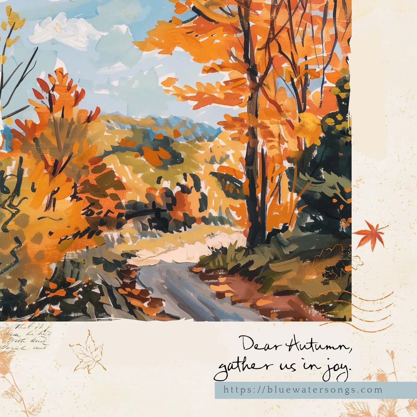Close-up autumnal wall art “Autumn Road” print with golden trees, winding path, and text “Dear Autumn, gather us in joy”