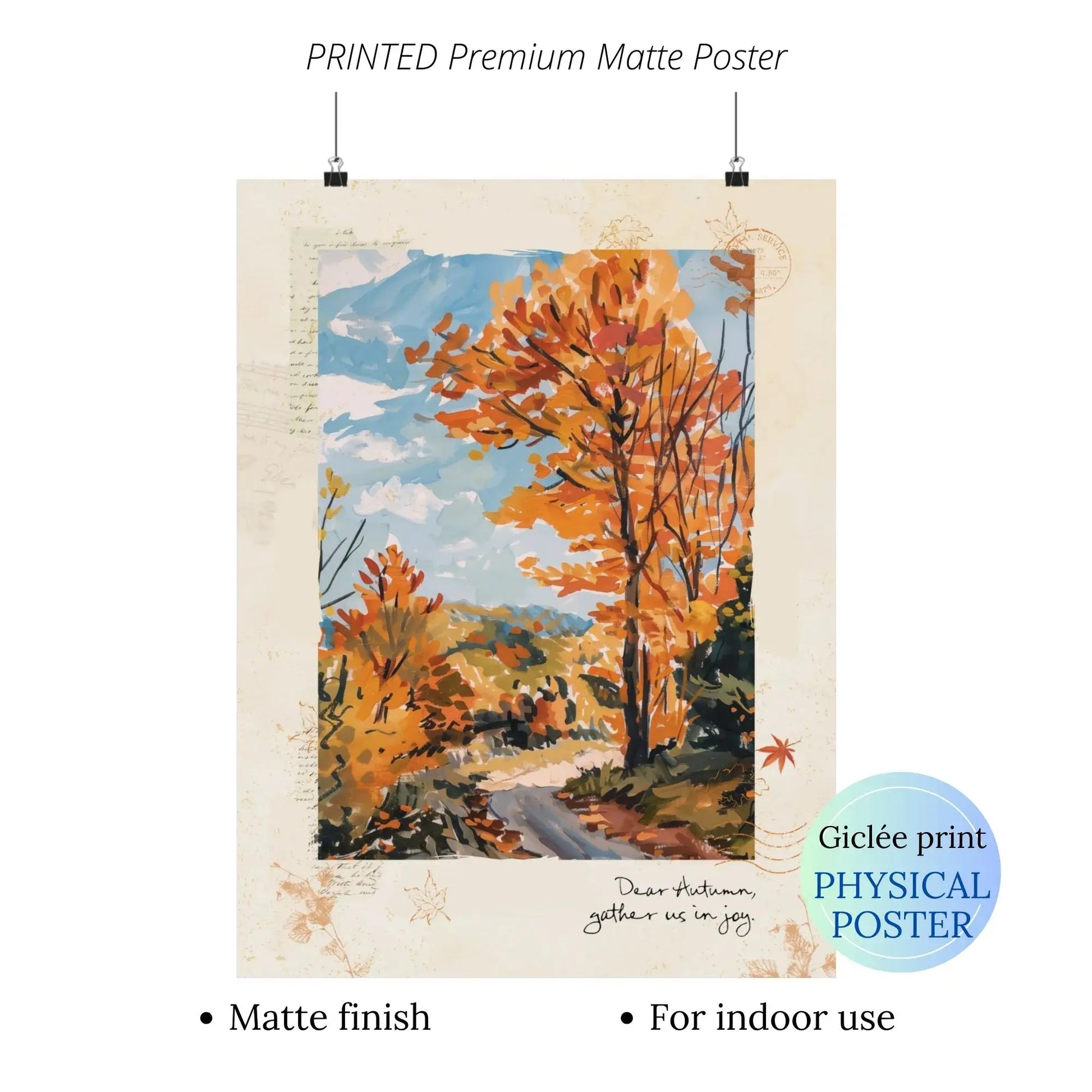 Printed autumnal wall art “Autumn Road” poster with golden trees and fall path, premium matte finish for seasonal home decor