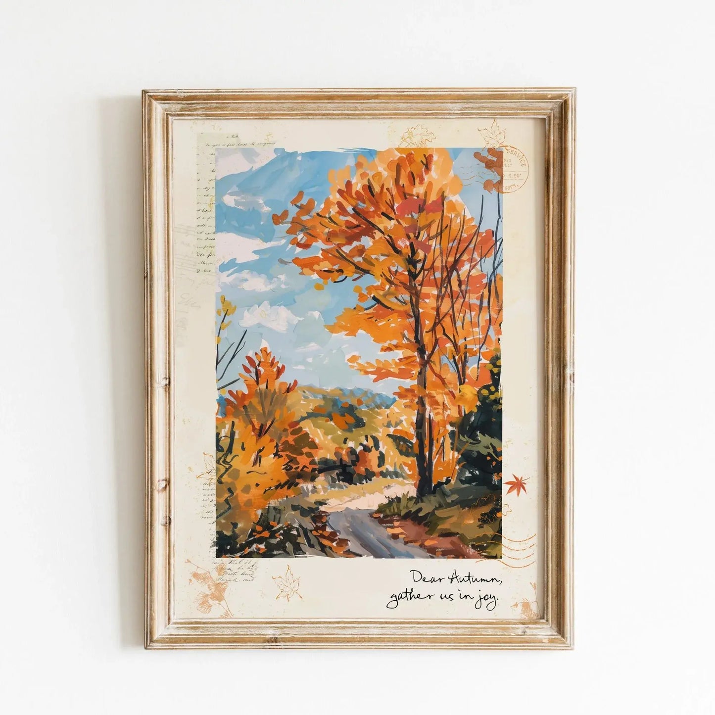 Autumnal wall art print with golden fall trees and path, framed artwork captioned “dear autumn, gather us in joy”