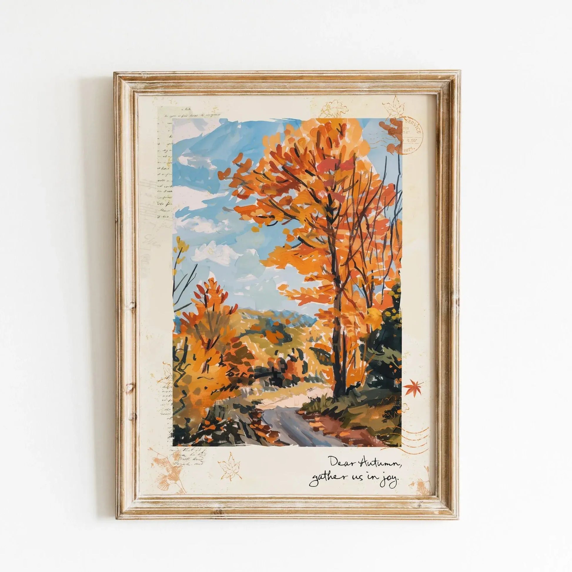 Autumnal wall art print with golden fall trees and path, framed artwork captioned “dear autumn, gather us in joy”