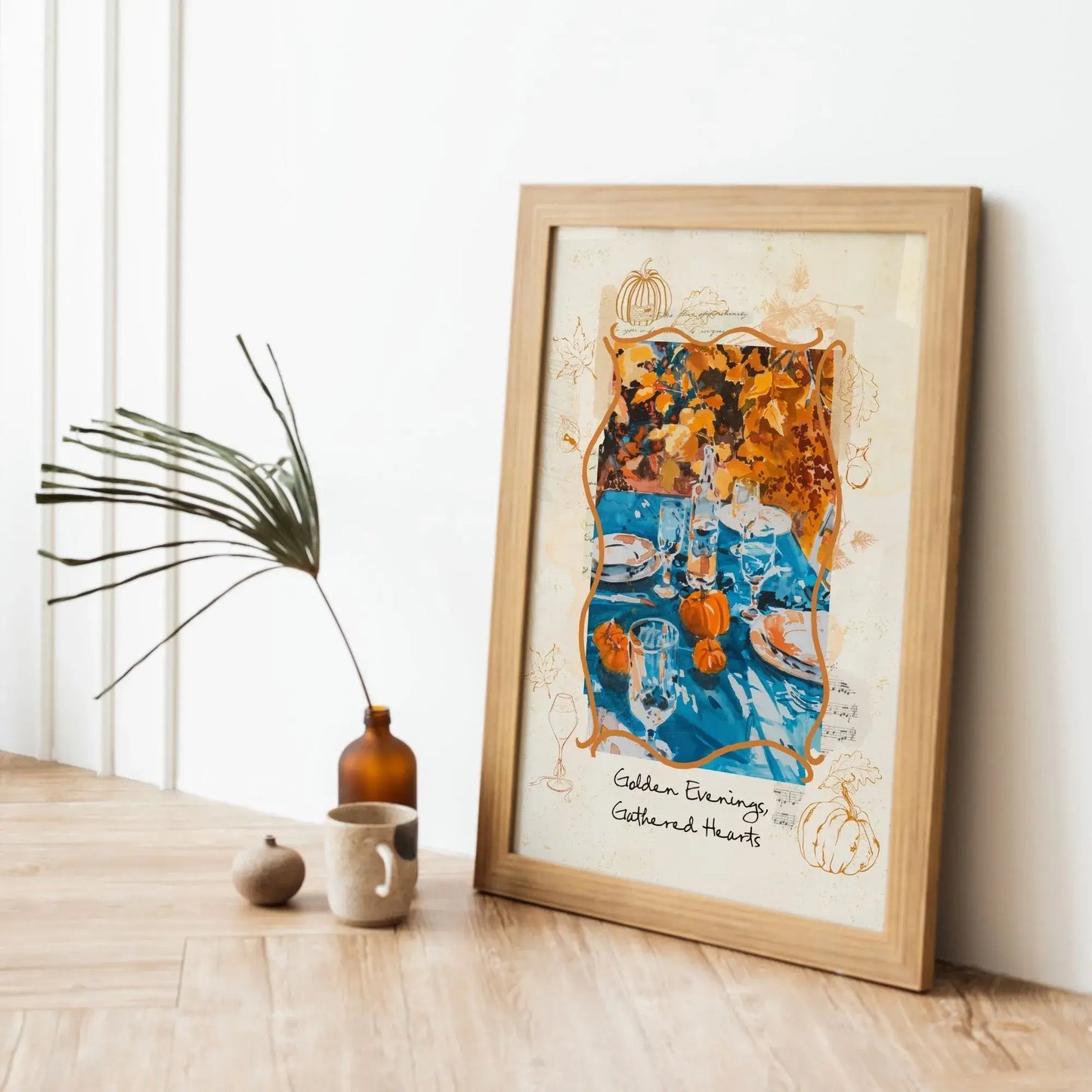 Framed autumnal wall art print with pumpkins and autumn leaves decor