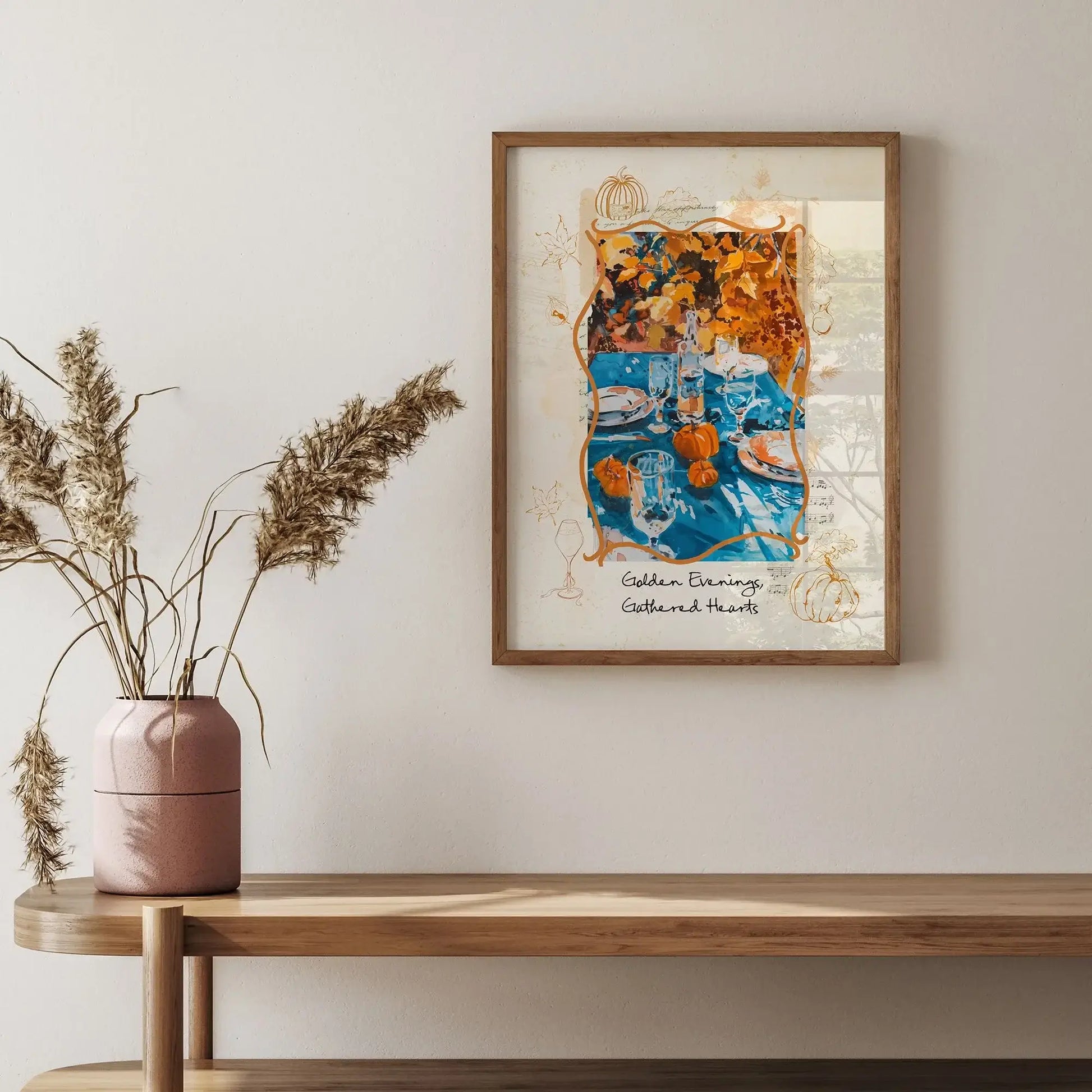 Golden Evenings Gathered Hearts autumnal wall art styled with vase decor
