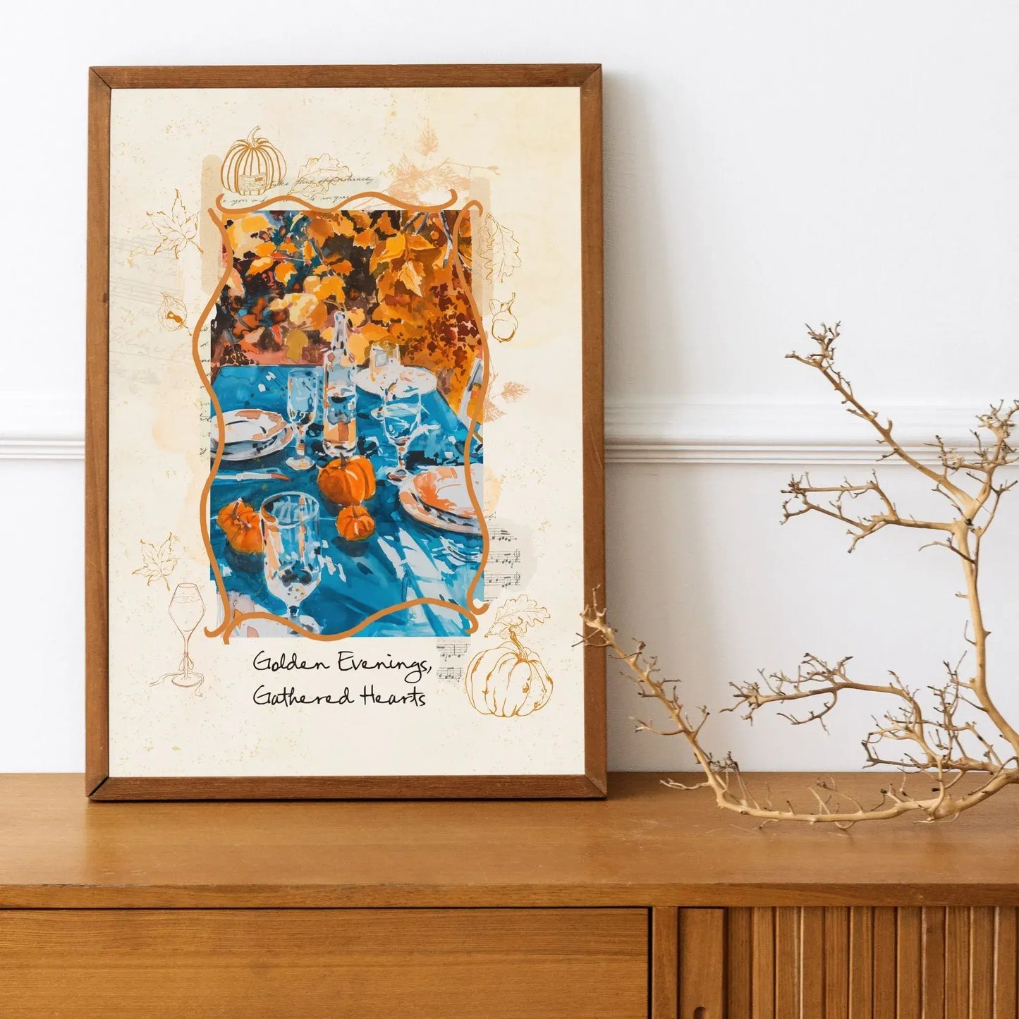 Autumnal wall art Golden Evenings Gathered Hearts poster on wooden cabinet