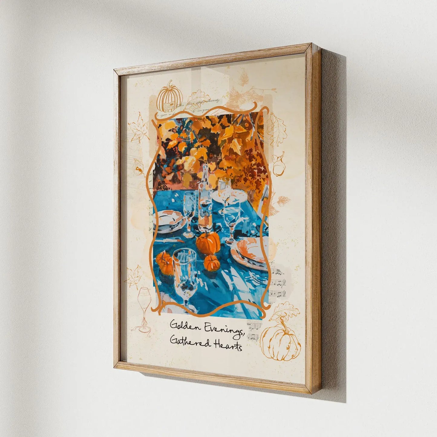 Autumnal wall art poster Golden Evenings Gathered Hearts in wooden frame