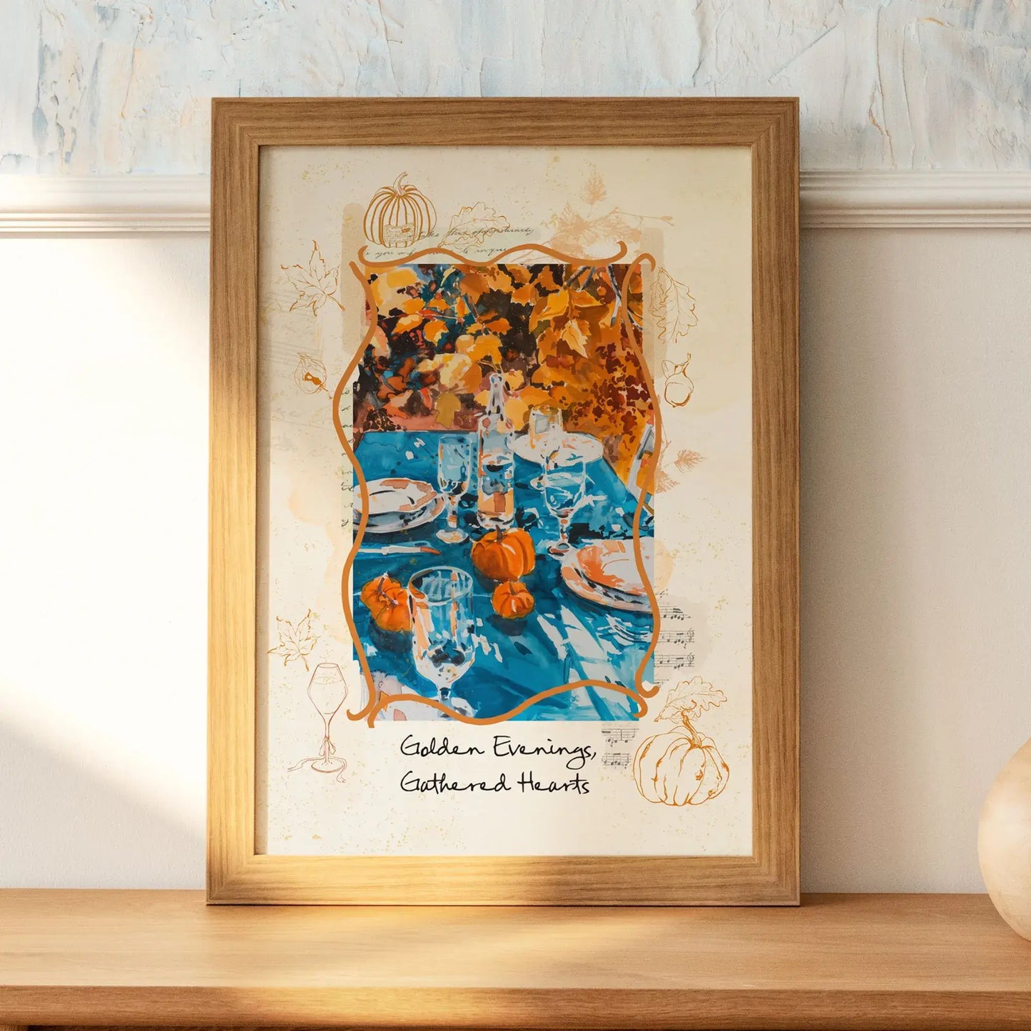 Autumnal wall art poster with pumpkins, blue table setting, and golden leaves